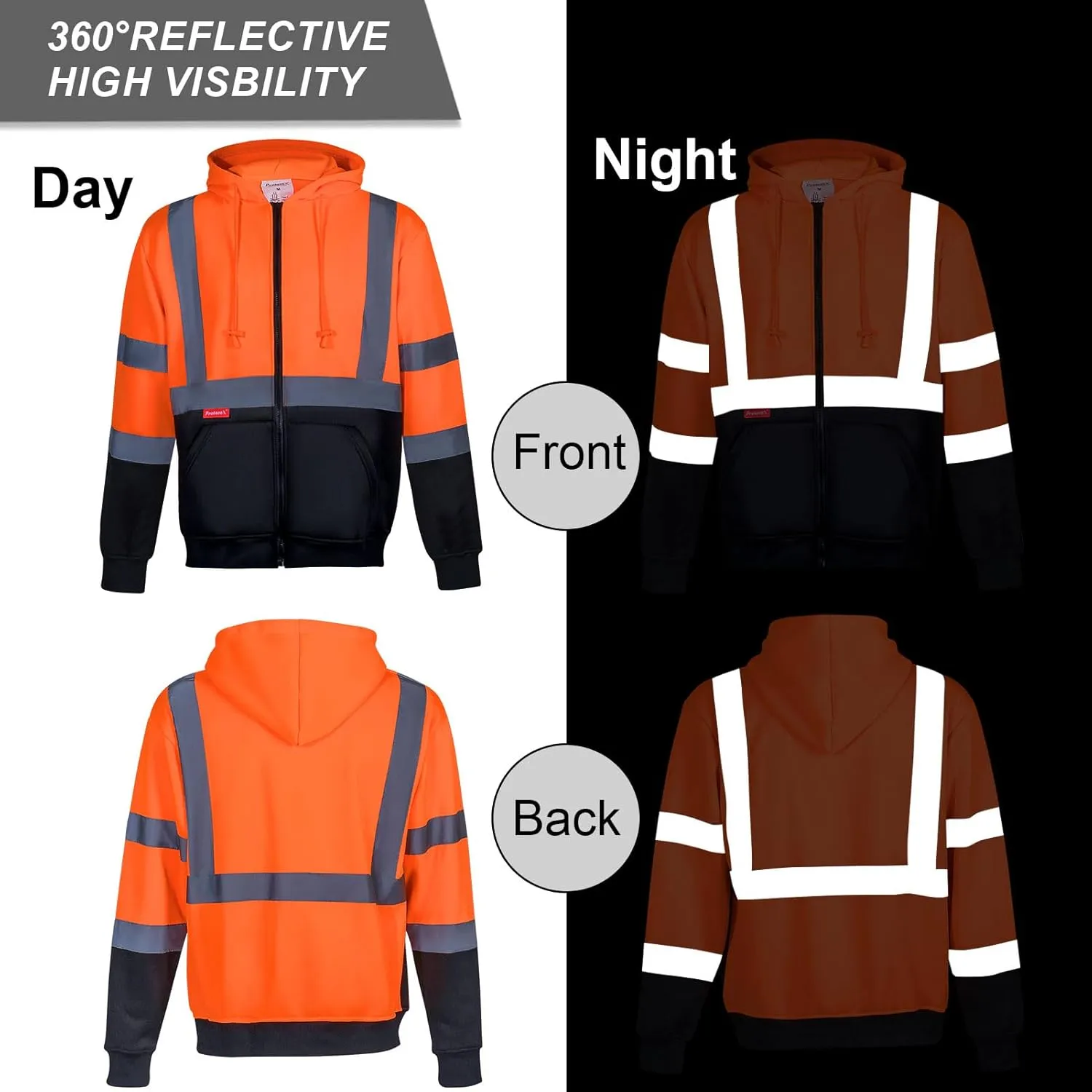 ProtectX Hi Vis Hoodie for Men Women High Visibility Safety Sweatshirt Reflective with Pockets for Construction Work Class 3