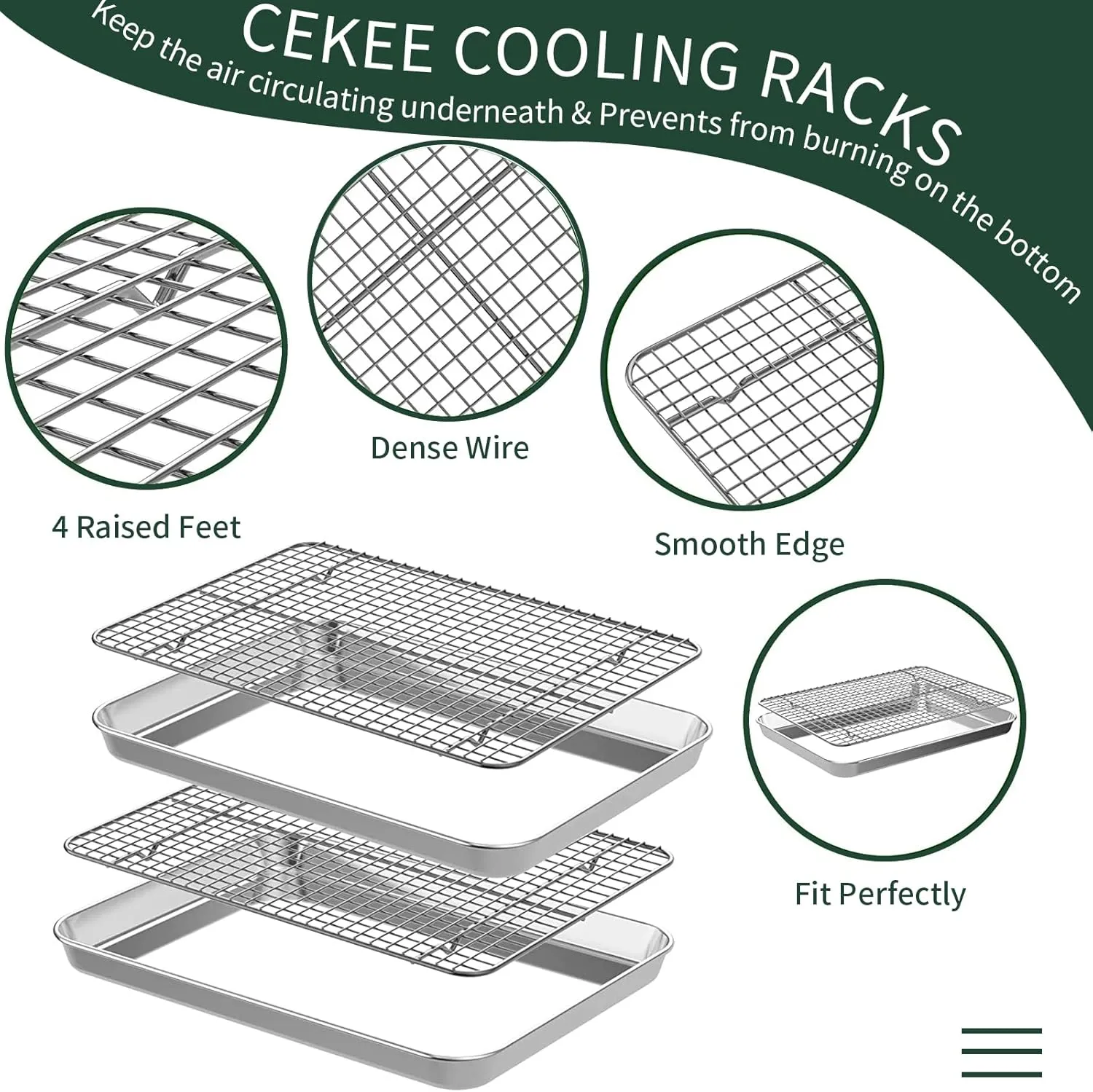 Quarter Sheet Pan with Cooling Rack Set [2 Baking Sheets   2 Baking Racks], CEKEE Stainless Steel Cookie Sheets for Baking and Wire Rack - Rust & Warp Resistant & Nonstick, Size 12 x 9.8 x 1 Inch