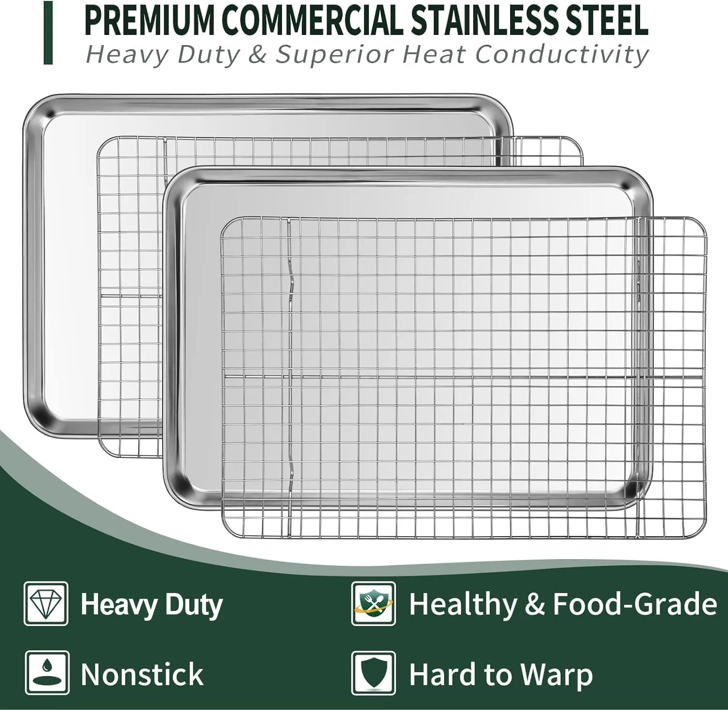Quarter Sheet Pan with Cooling Rack Set [2 Baking Sheets   2 Baking Racks], CEKEE Stainless Steel Cookie Sheets for Baking and Wire Rack - Rust & Warp Resistant & Nonstick, Size 12 x 9.8 x 1 Inch