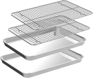 Quarter Sheet Pan with Cooling Rack Set [2 Baking Sheets   2 Baking Racks], CEKEE Stainless Steel Cookie Sheets for Baking and Wire Rack - Rust & Warp Resistant & Nonstick, Size 12 x 9.8 x 1 Inch