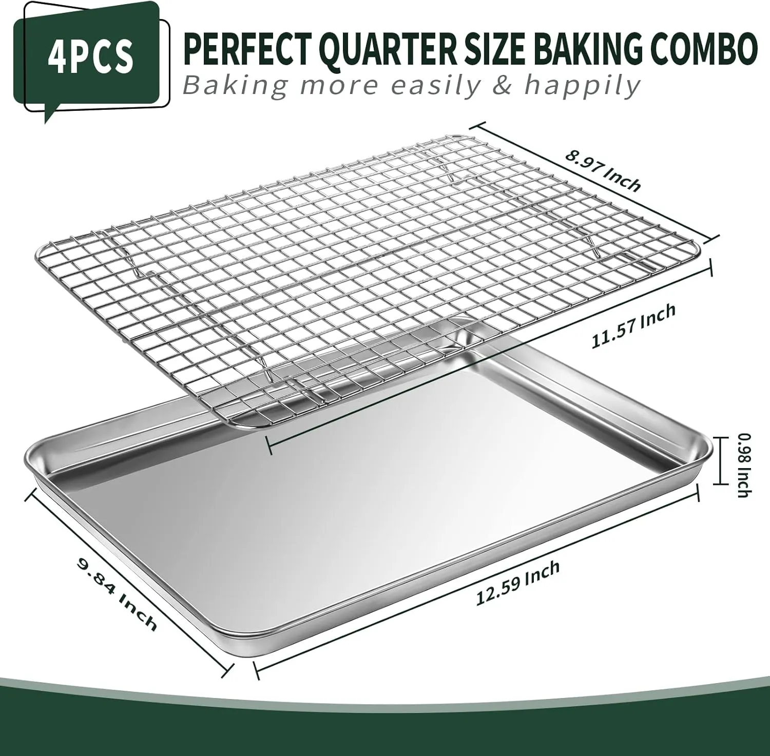 Quarter Sheet Pan with Cooling Rack Set [2 Baking Sheets   2 Baking Racks], CEKEE Stainless Steel Cookie Sheets for Baking and Wire Rack - Rust & Warp Resistant & Nonstick, Size 12 x 9.8 x 1 Inch