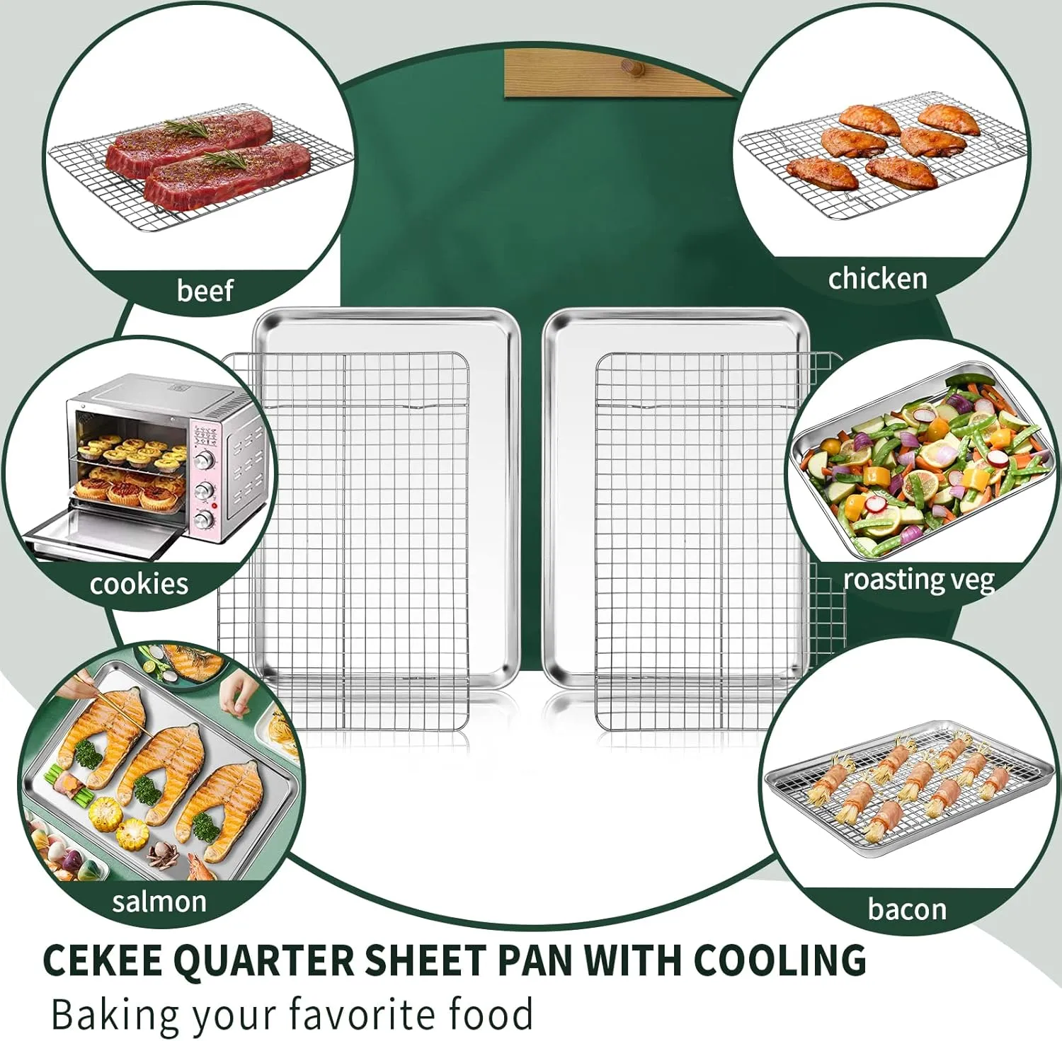 Quarter Sheet Pan with Cooling Rack Set [2 Baking Sheets   2 Baking Racks], CEKEE Stainless Steel Cookie Sheets for Baking and Wire Rack - Rust & Warp Resistant & Nonstick, Size 12 x 9.8 x 1 Inch