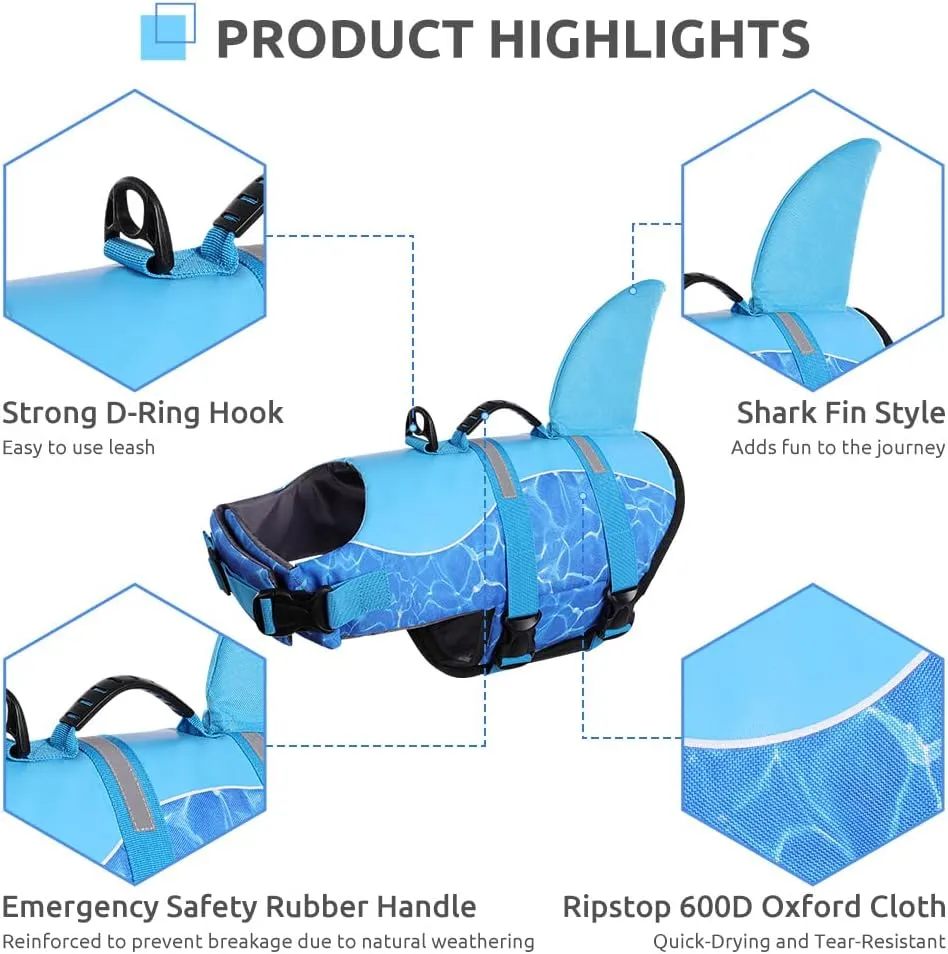 Queenmore Shark Dog Life Jacket - High Buoyant Swimming Vest, Adjustable Easy-On for Small, Medium, Large Dogs (Blue, M)