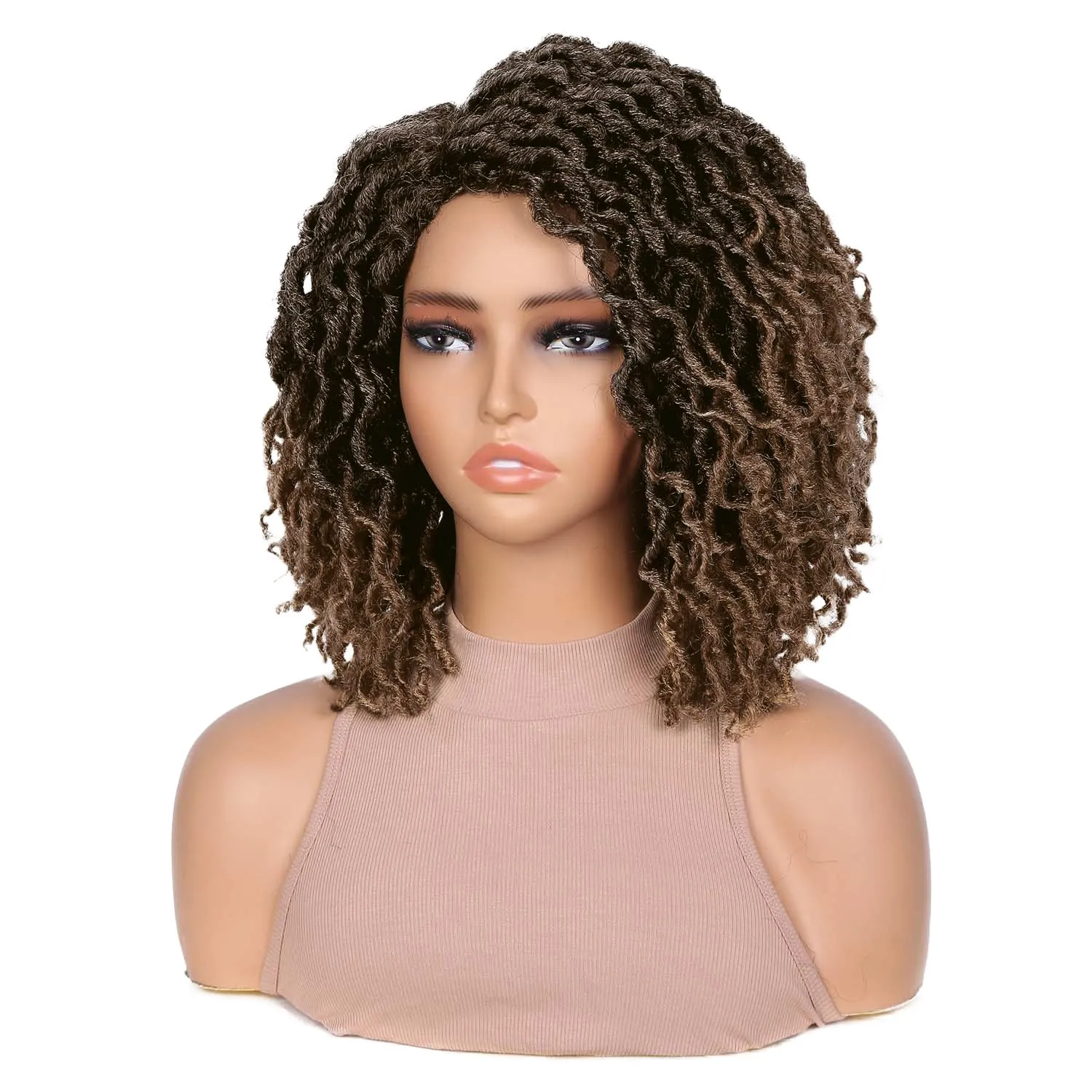 Quick Wig Short Braided Wig Soft Faux Locs Wigs Afro Curly Braids Synthetic Hair Ombre Brown Curly Dreadlock Wigs for Balck Women (1B/30#)