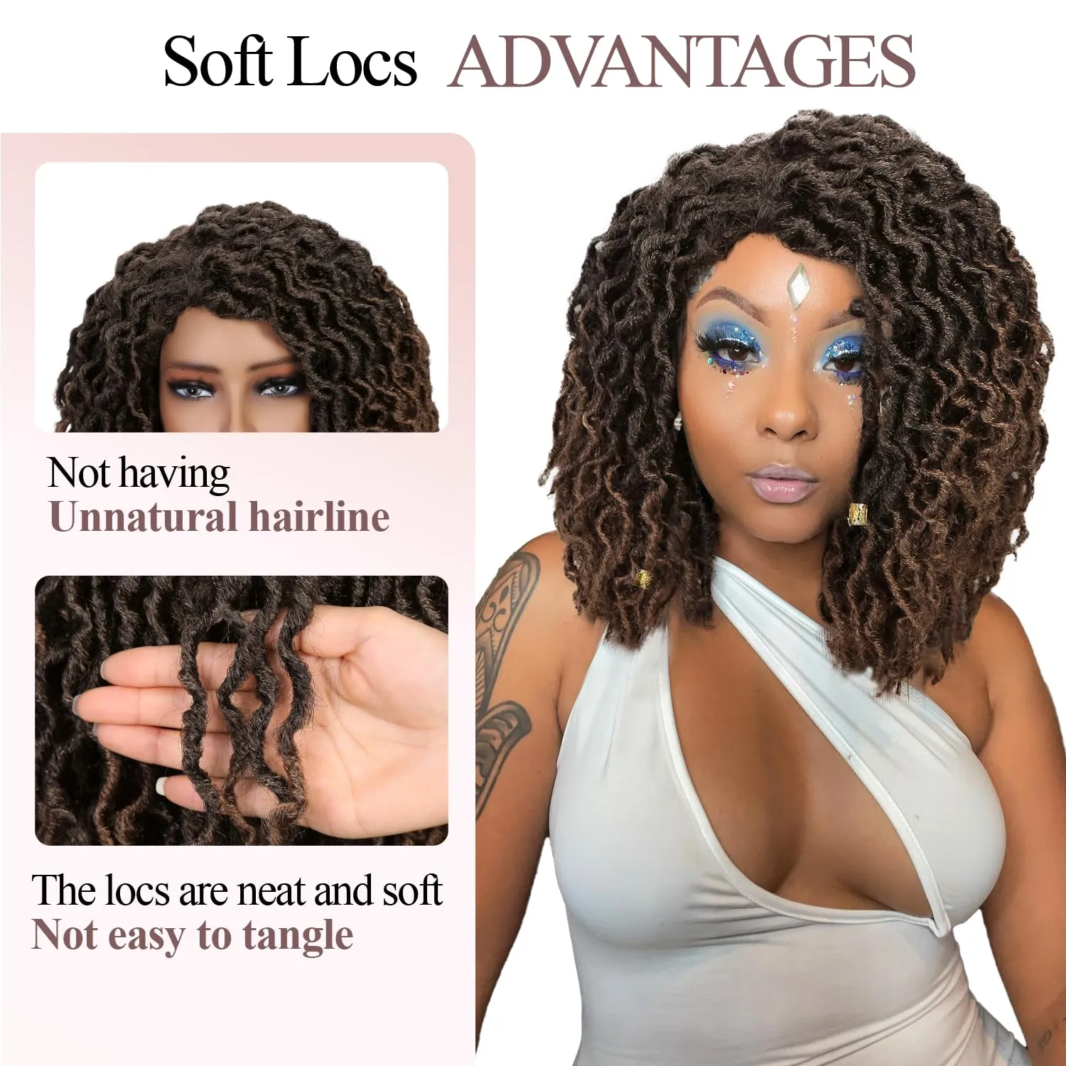 Quick Wig Short Braided Wig Soft Faux Locs Wigs Afro Curly Braids Synthetic Hair Ombre Brown Curly Dreadlock Wigs for Balck Women (1B/30#)