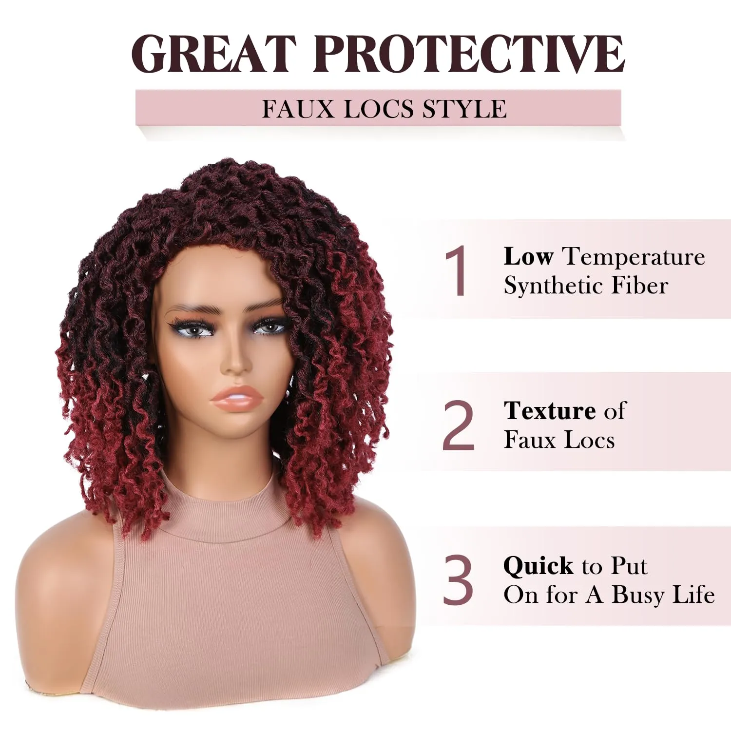 Quick Wig Short Braided Wig Soft Faux Locs Wigs Afro Curly Braids Synthetic Hair Ombre Burgundy Curly Twist Dreadlock Wigs for Balck Women (1B/BUG)