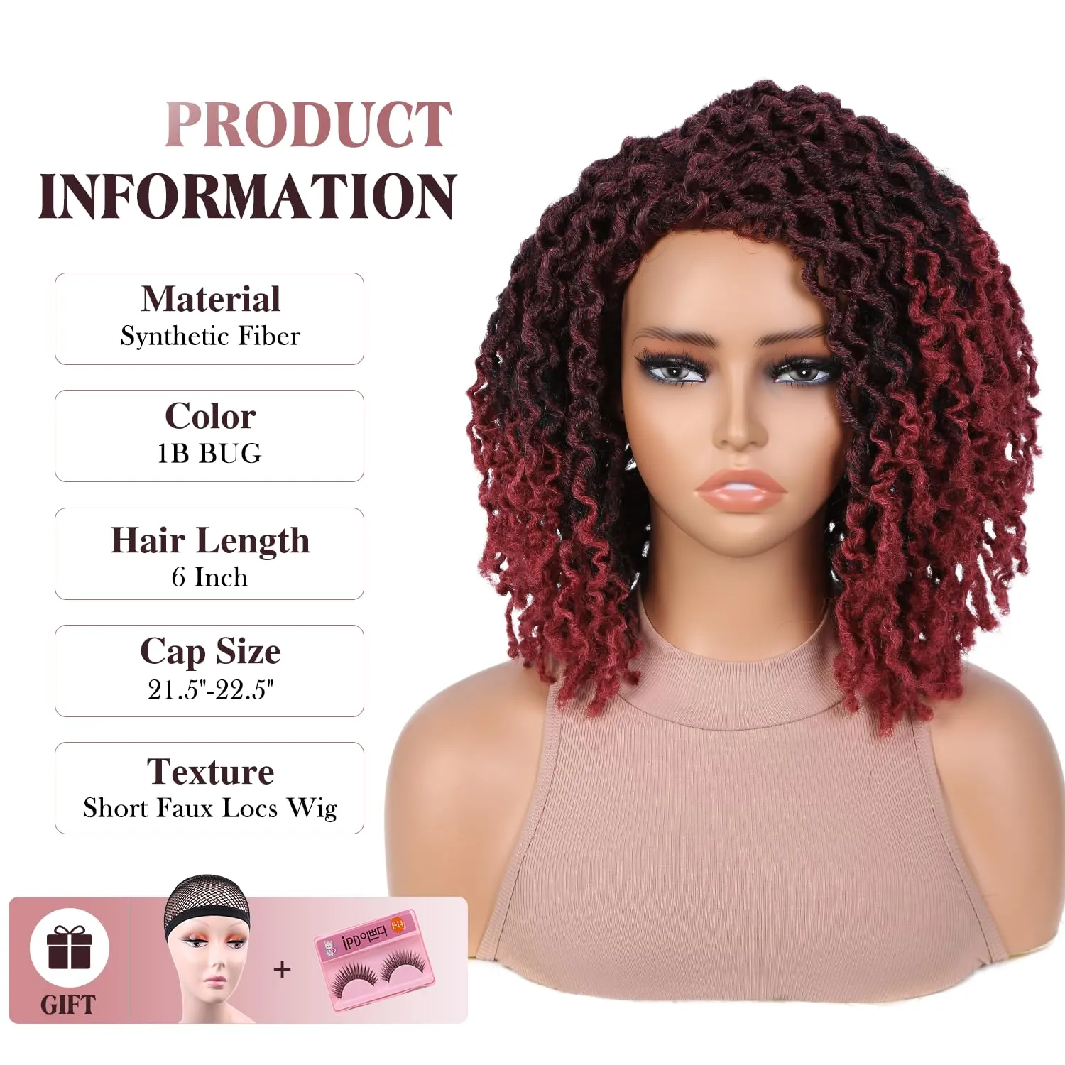 Quick Wig Short Braided Wig Soft Faux Locs Wigs Afro Curly Braids Synthetic Hair Ombre Burgundy Curly Twist Dreadlock Wigs for Balck Women (1B/BUG)