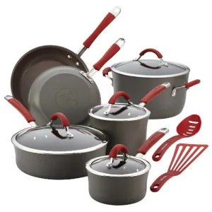RACHAEL RAY CUCINA HARD-ANODIZED ALUMINUM NONSTICK COOKWARE SET, 12-PIECE, GRAY, CRANBERRY RED HANDLES
