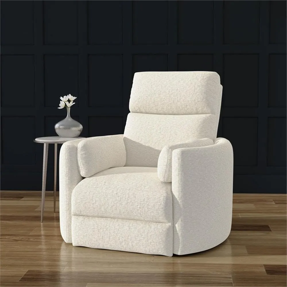 Radius Contemporary Chenille Fabric Power Swivel Glider Recliner with Luxurious Foam, USB Charger, Chaise-Style Footrest, 240-Degree Swivel, in Revel Oyster/White Finish