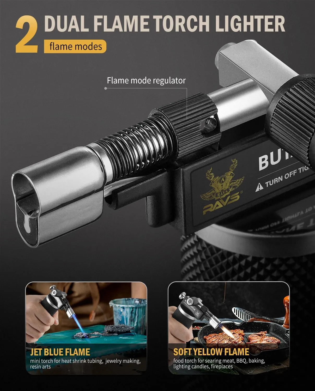 RAVS Butane Torch Lighter, DUAL Flame Mode Kitchen Torch, Refillable Cooking Torch Gun, Creme Brulee Torch Lighter, Blow Torch for Cooking, Welding, Mini Torch Soldering Torch, Butane is Not Included
