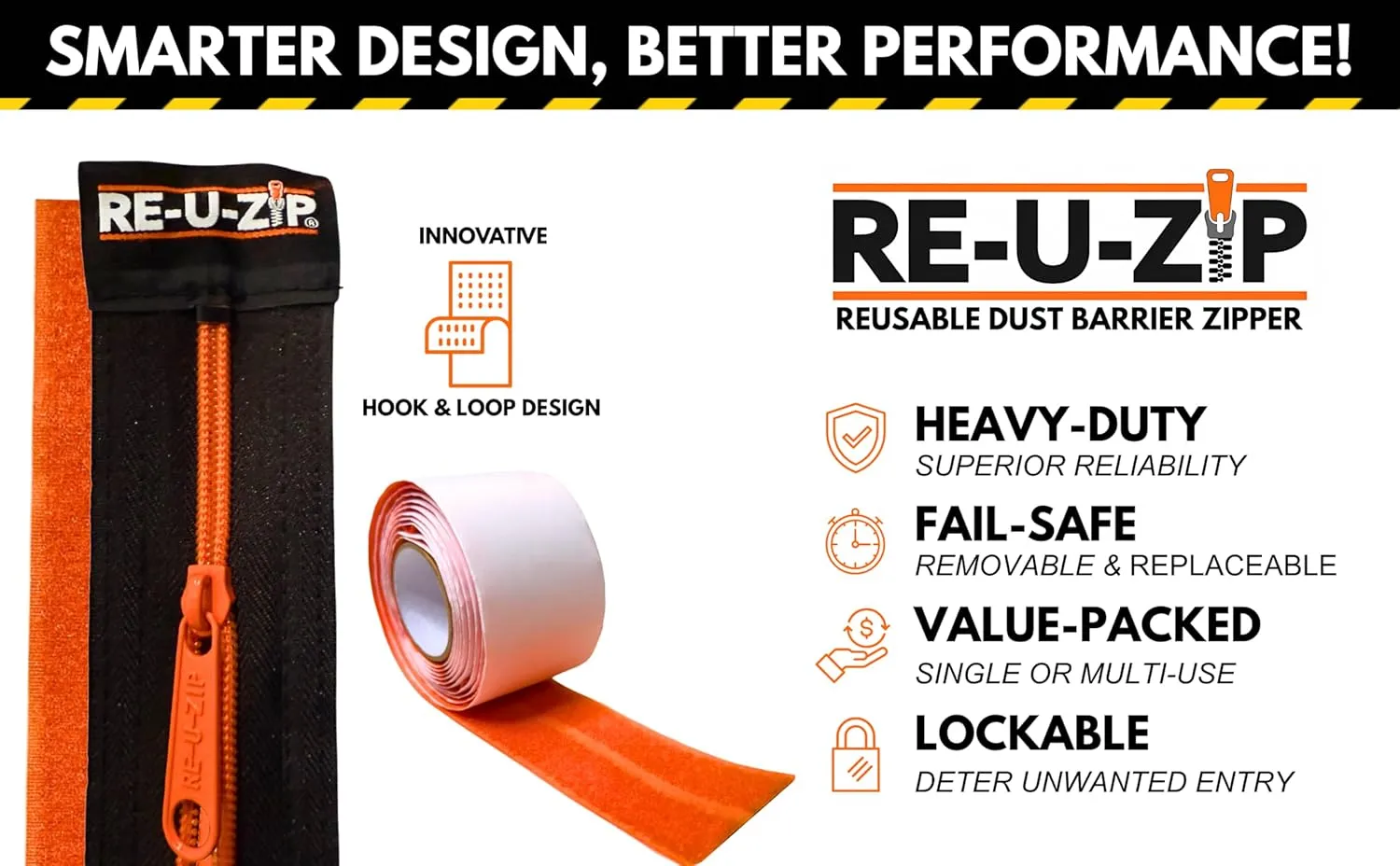 RE-U-ZIP® Heavy-Duty Reusable Dust Barrier Zipper | 6-Pack | Patented Hook & Loop System | Cost-Effective & Reliable | Lockable Safety Feature