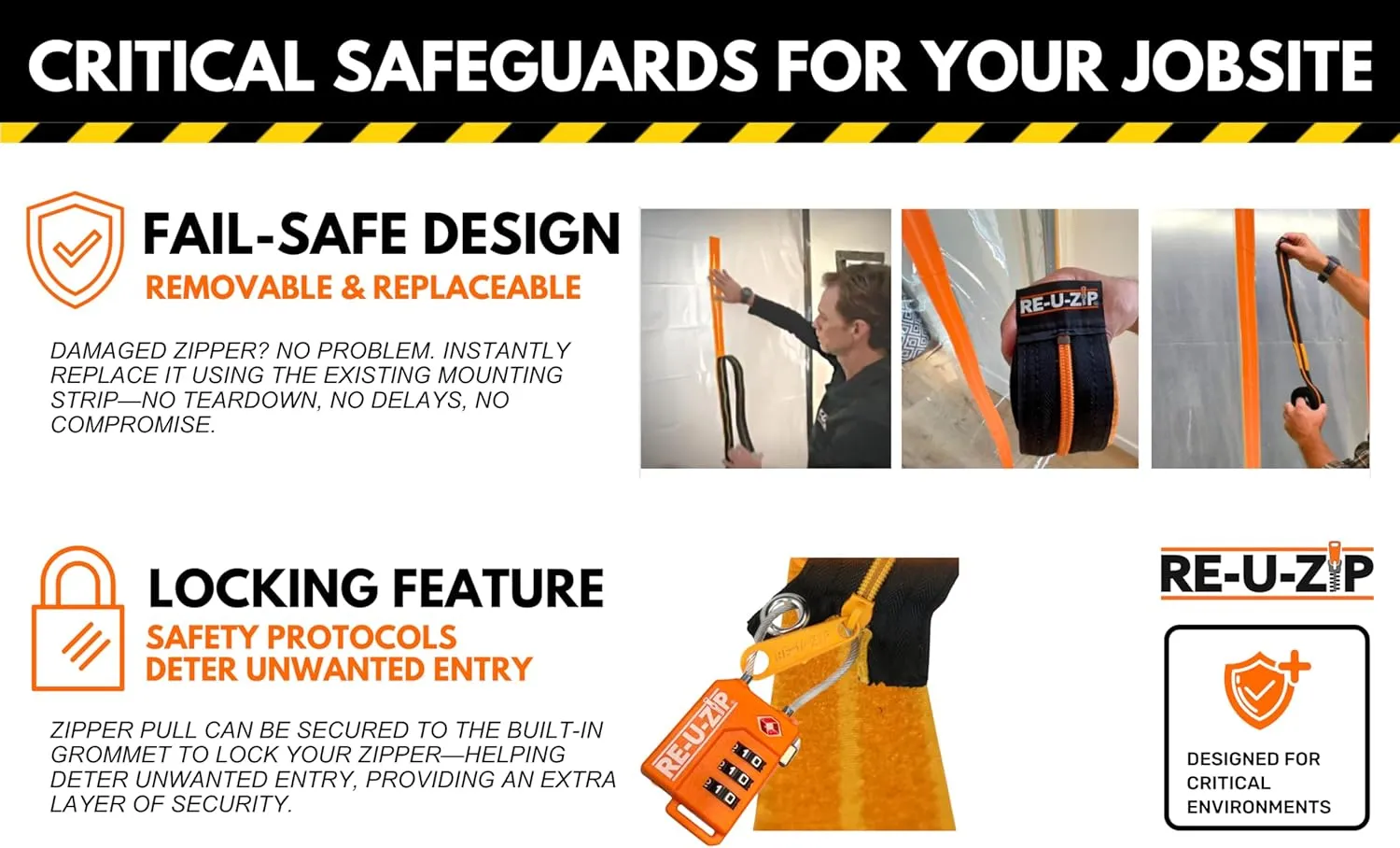 RE-U-ZIP® Heavy-Duty Reusable Dust Barrier Zipper | 6-Pack | Patented Hook & Loop System | Cost-Effective & Reliable | Lockable Safety Feature