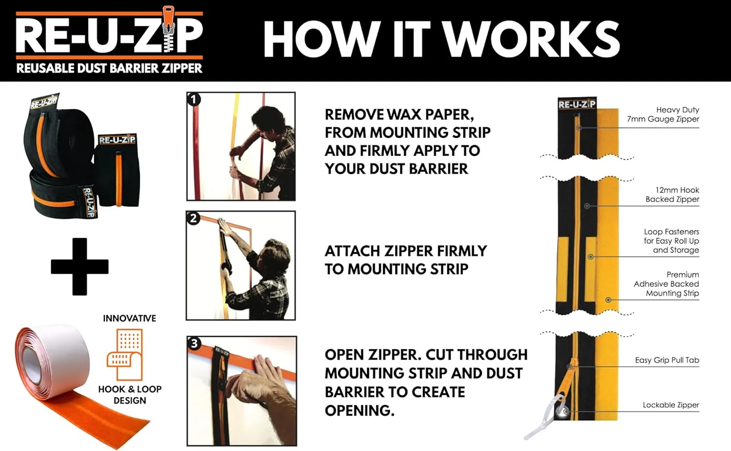 RE-U-ZIP® Heavy-Duty Reusable Dust Barrier Zipper | 6-Pack | Patented Hook & Loop System | Cost-Effective & Reliable | Lockable Safety Feature