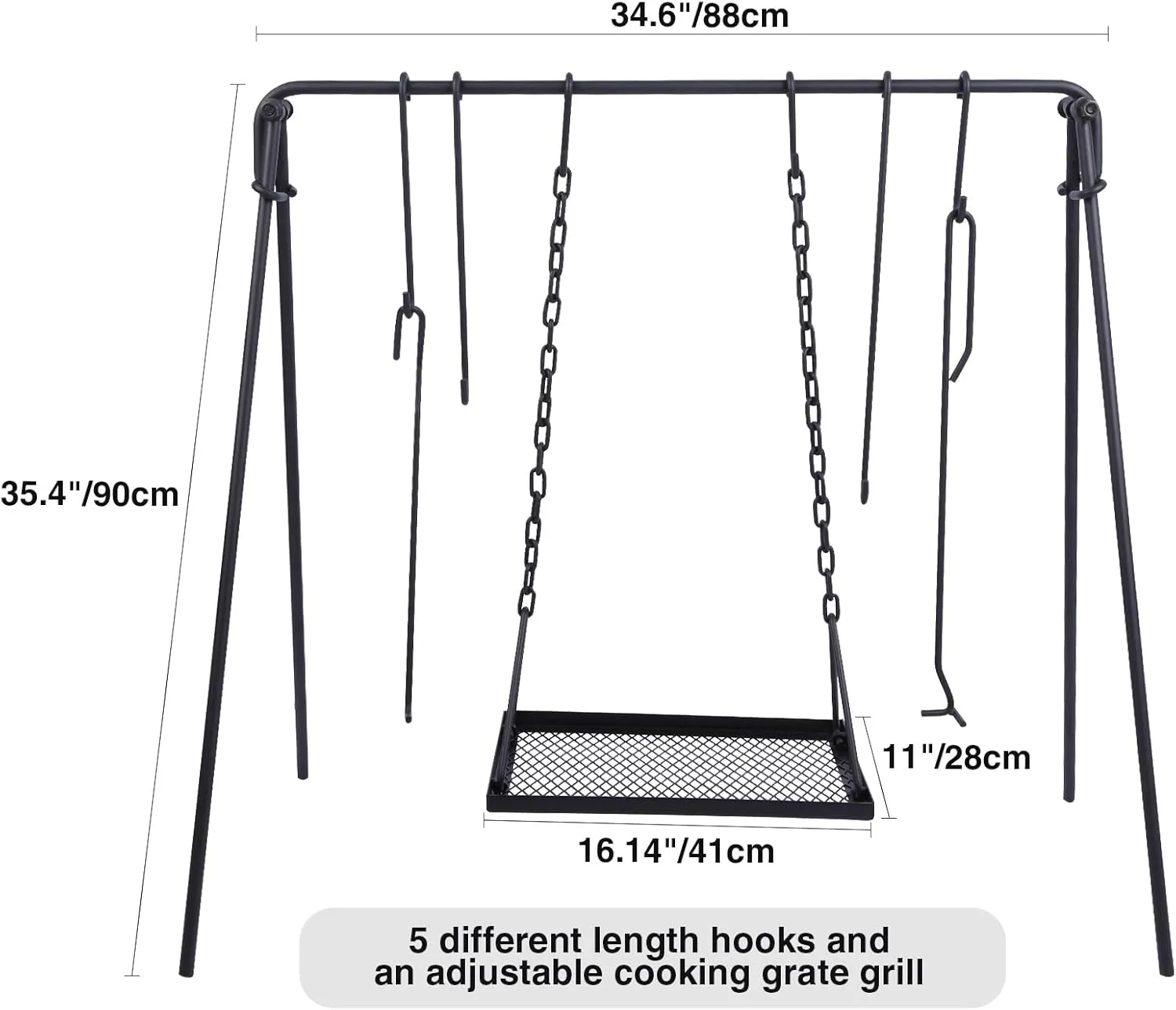 REDCAMP Grill Swing Campfire Grill Stand with Iron Grill Grate, Collapsible Campfire Cooking Rack w/6 Hooks,Portable Cookware Hanging Rack Outdoor Camping Bonfire for Cookware & Dutch Oven,Rectangle