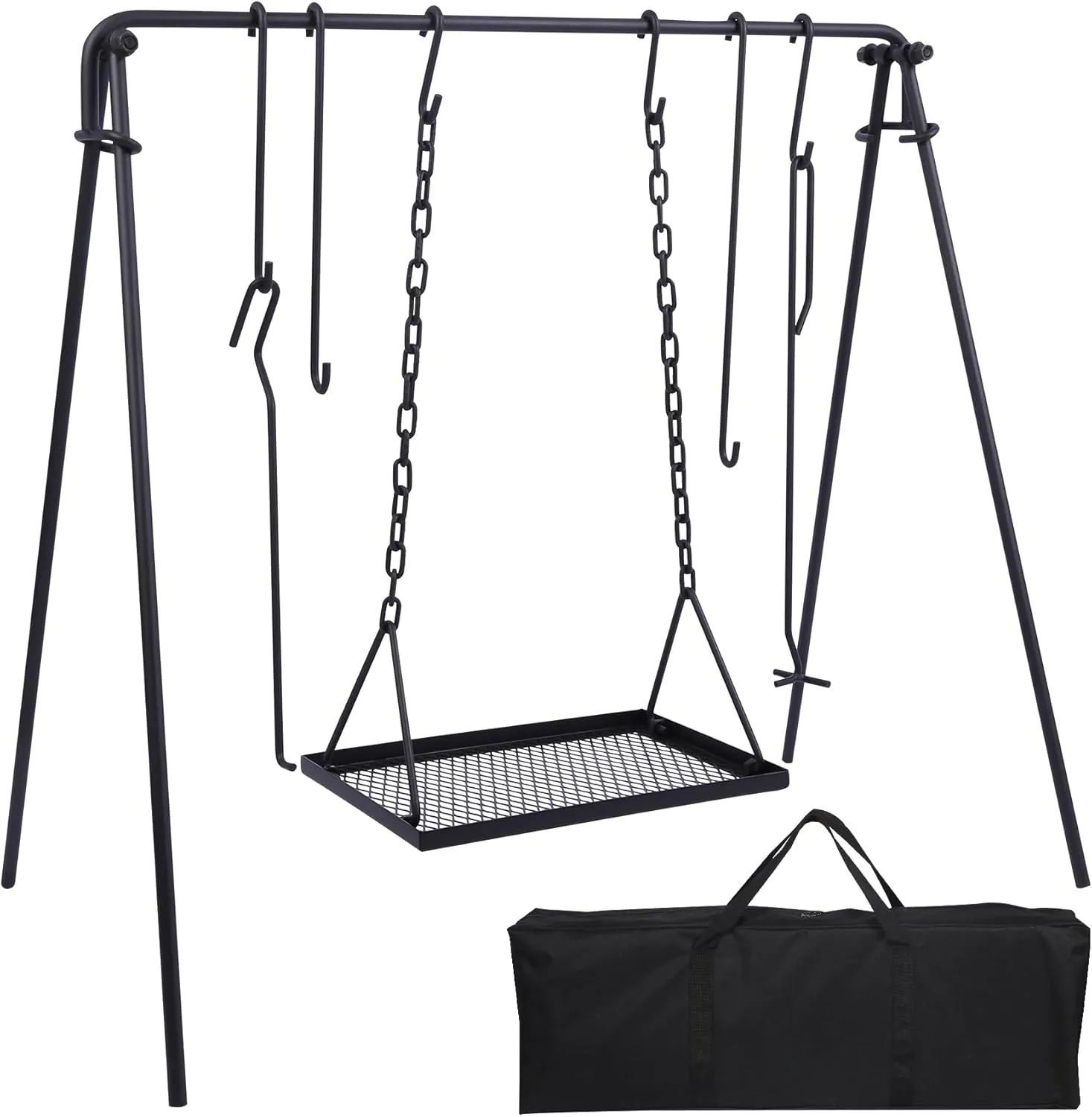 REDCAMP Grill Swing Campfire Grill Stand with Iron Grill Grate, Collapsible Campfire Cooking Rack w/6 Hooks,Portable Cookware Hanging Rack Outdoor Camping Bonfire for Cookware & Dutch Oven,Rectangle