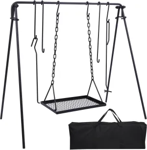 REDCAMP Grill Swing Campfire Grill Stand with Iron Grill Grate, Collapsible Campfire Cooking Rack w/6 Hooks,Portable Cookware Hanging Rack Outdoor Camping Bonfire for Cookware & Dutch Oven,Rectangle