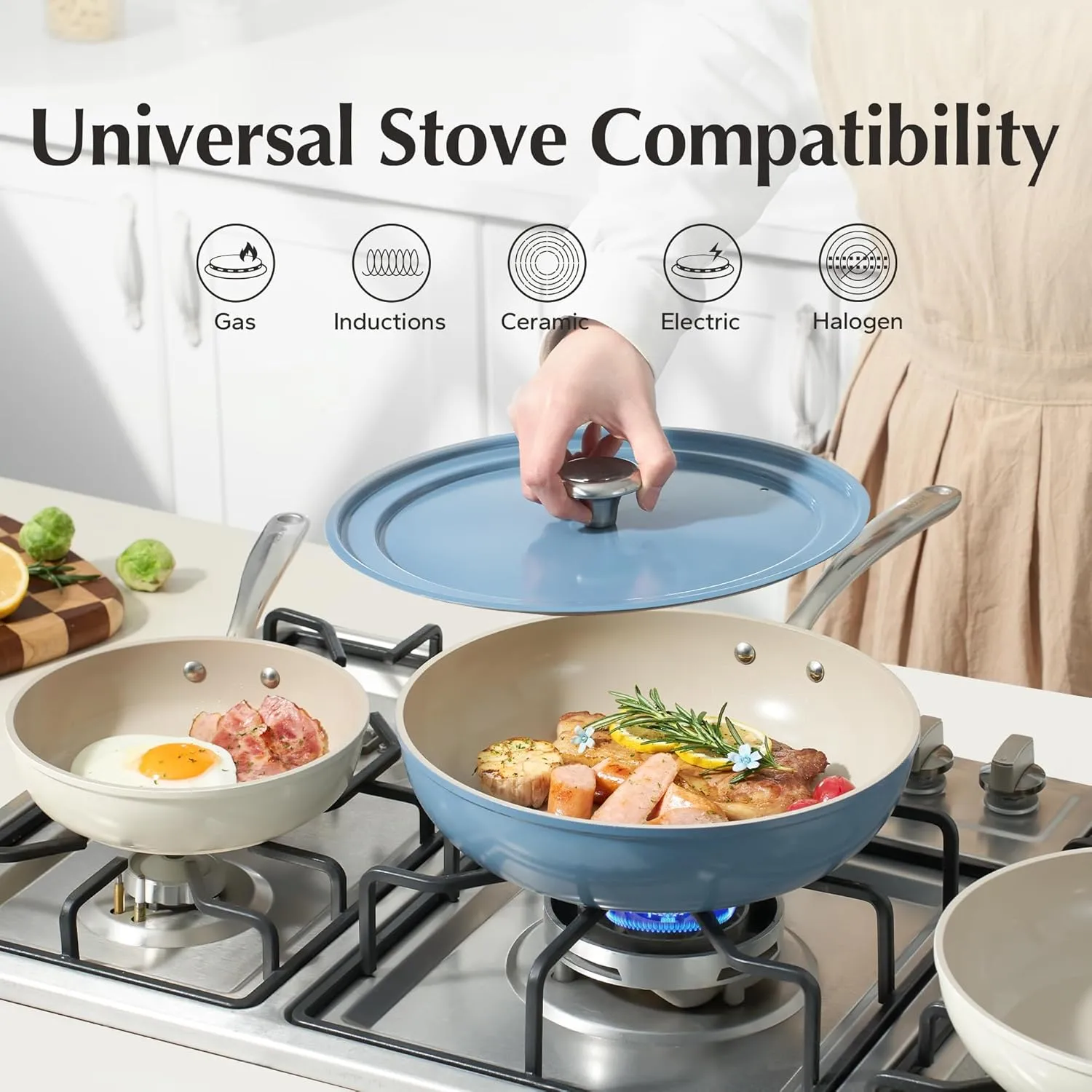 Redchef Nonstick Frying Pans Set, 4-Piece Ceramic Cookware Set, 8" 9.5" 11" Saute Pan Skillet, Non Toxic Pans for Cooking, Pots and Pans, PFAS & PTFE & PFOA Free, Dishwasher & Oven Safe, Beige White
