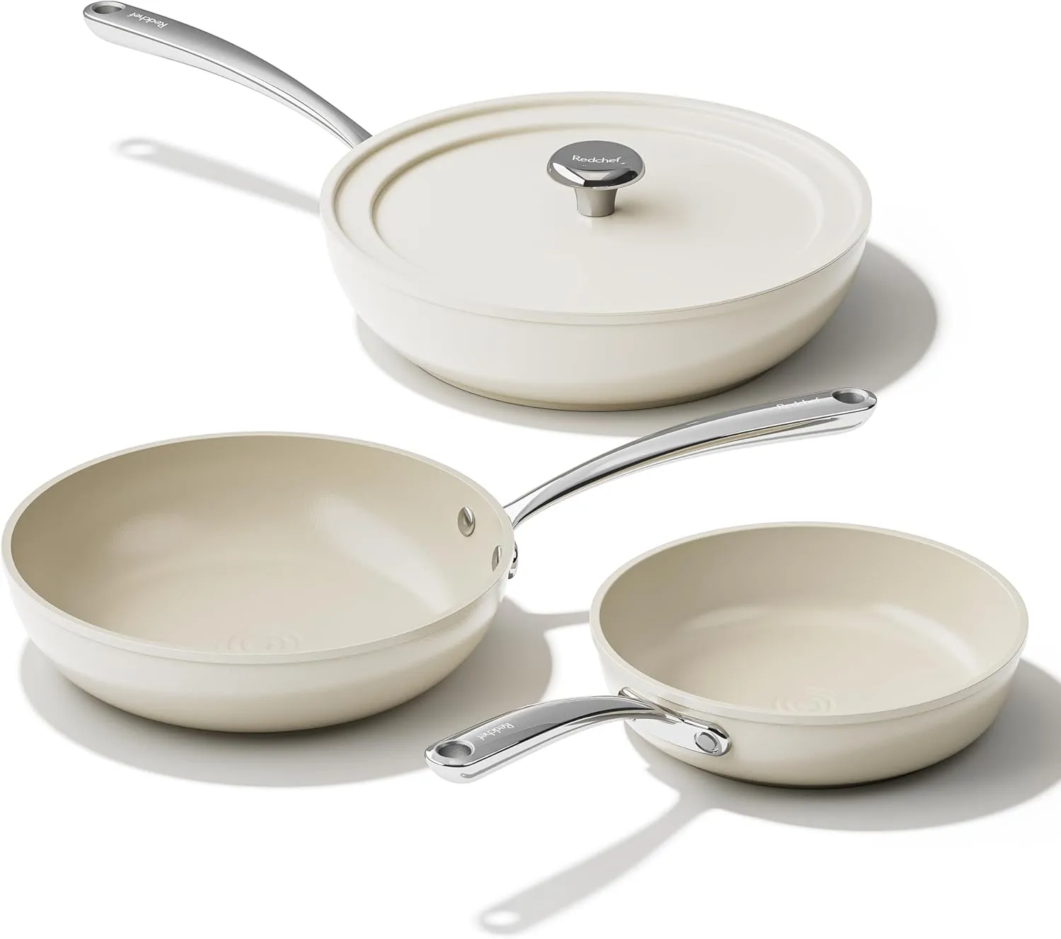 Redchef Nonstick Frying Pans Set, 4-Piece Ceramic Cookware Set, 8" 9.5" 11" Saute Pan Skillet, Non Toxic Pans for Cooking, Pots and Pans, PFAS & PTFE & PFOA Free, Dishwasher & Oven Safe, Beige White