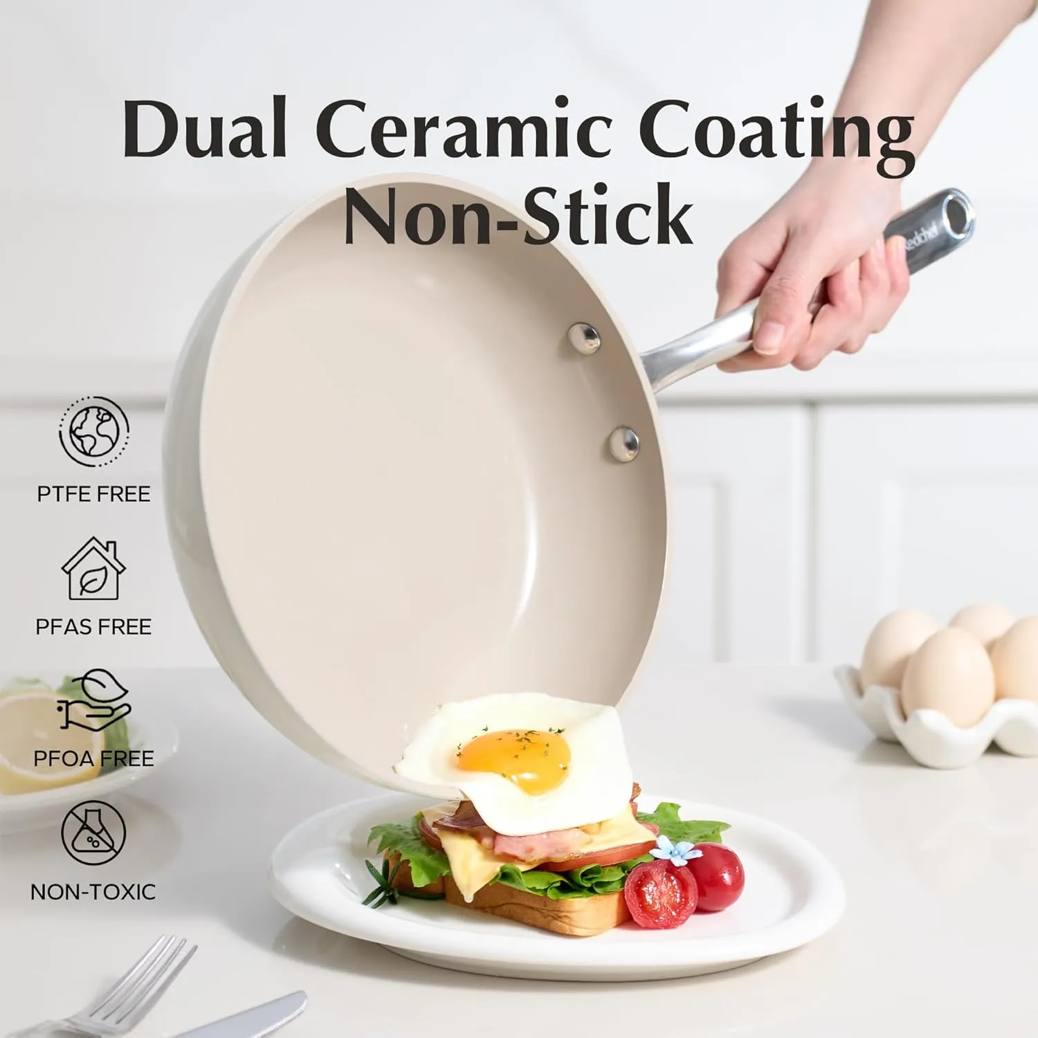 Redchef Nonstick Frying Pans Set, 4-Piece Ceramic Cookware Set, 8" 9.5" 11" Saute Pan Skillet, Non Toxic Pans for Cooking, Pots and Pans, PFAS & PTFE & PFOA Free, Dishwasher & Oven Safe, Beige White
