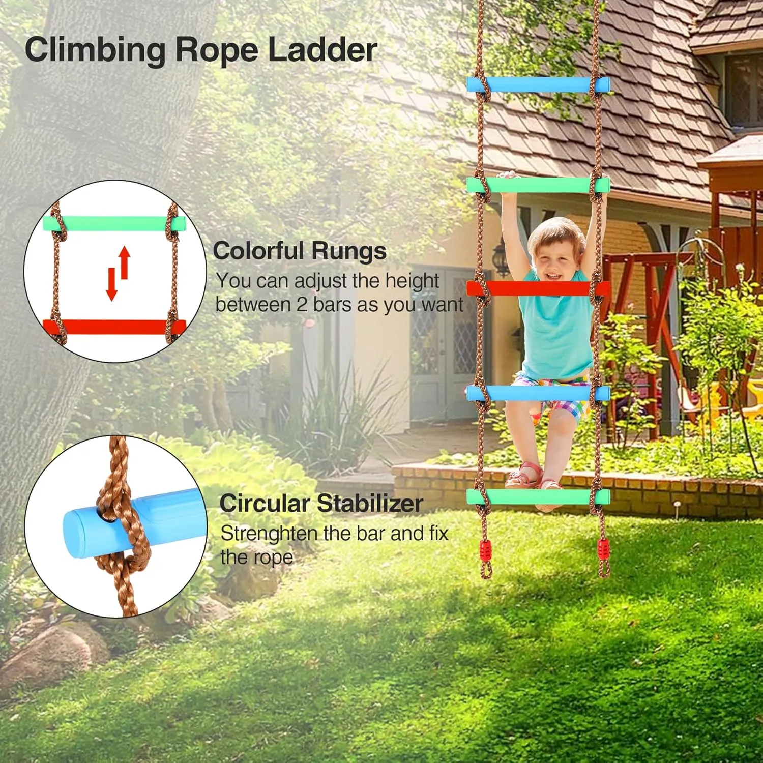 RedSwing Rope Ladder and Disc Swing Seat Combo for Kids, Climbing Ladder for Swing Set, Hanging Rope Ladder with Strap and Snap Hook, Great for Play Set, Outdoor, Tree House, Playground