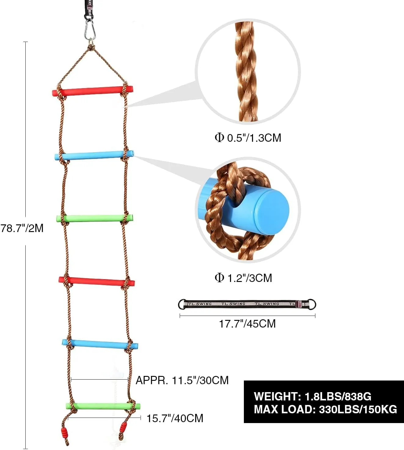 RedSwing Rope Ladder and Pro 3-in-1 Disc Swing Seat Combo, Climbing Ladders for Swingset, Hanging Rope Ladder with Strap and Snap Hook, Great for Play Set, Outdoor, Tree House, Playground