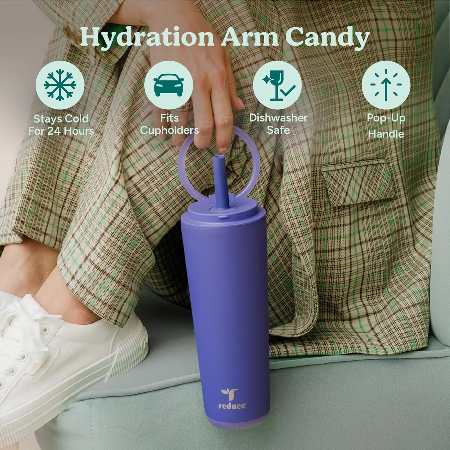 Reduce Halo 24 oz Stainless Steel Vacuum Insulated Tumbler - Spill Proof Travel Mug with Flip Handle Lid - Keeps Drinks Cold for 32 Hrs - Dishwasher Safe - Cupholder Friendly - Future Dusk