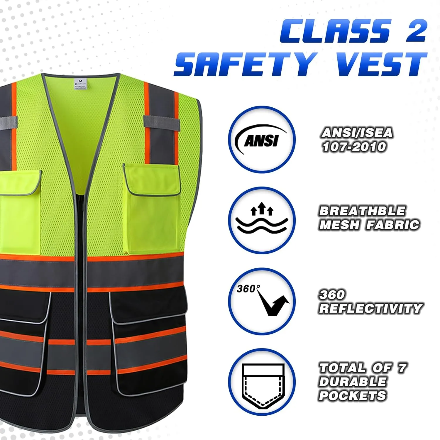 Reflective Mesh Safety Vest - High Visibility Multi Pockets Breathable Workwear, ANSI/ISEA Standard