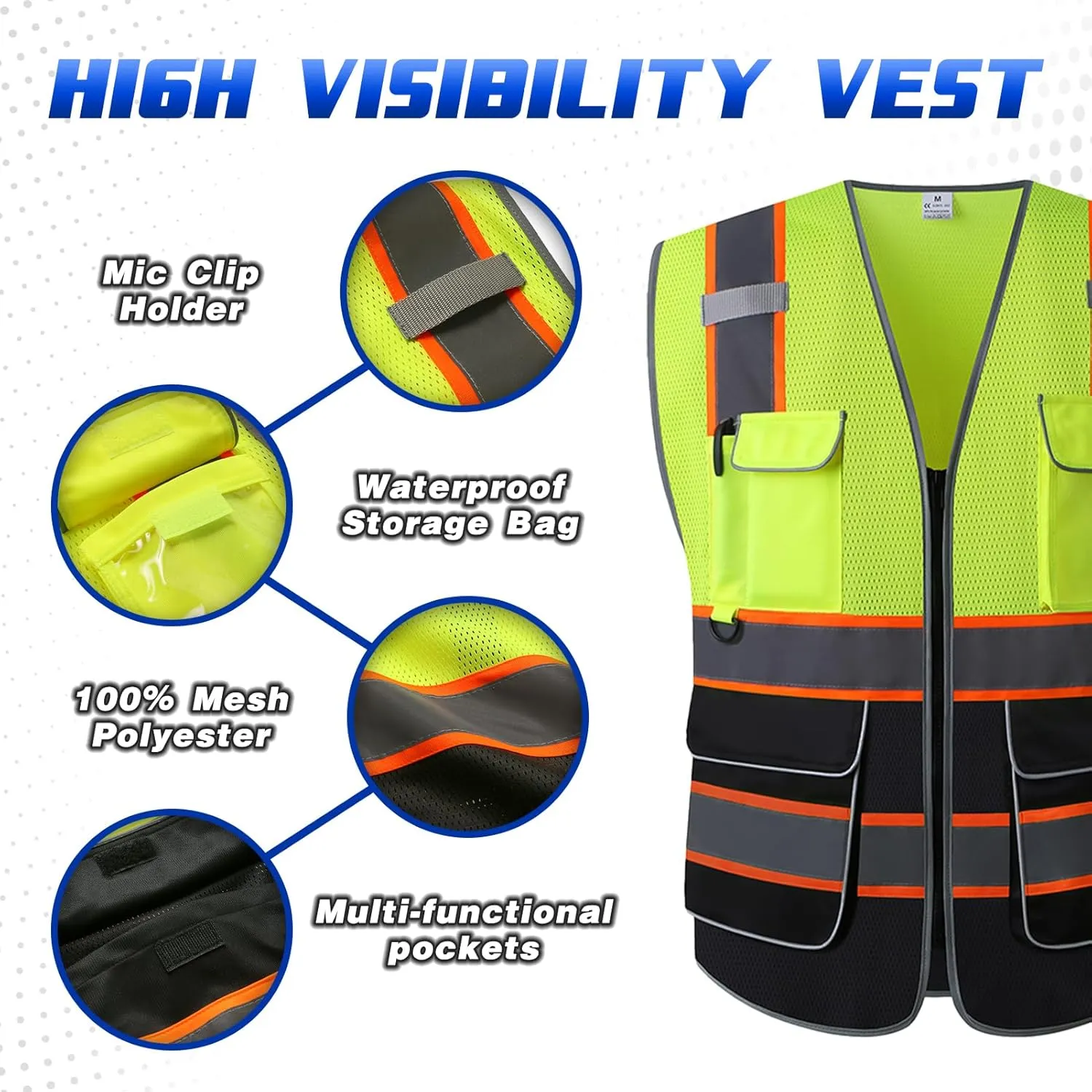 Reflective Mesh Safety Vest - High Visibility Multi Pockets Breathable Workwear, ANSI/ISEA Standard