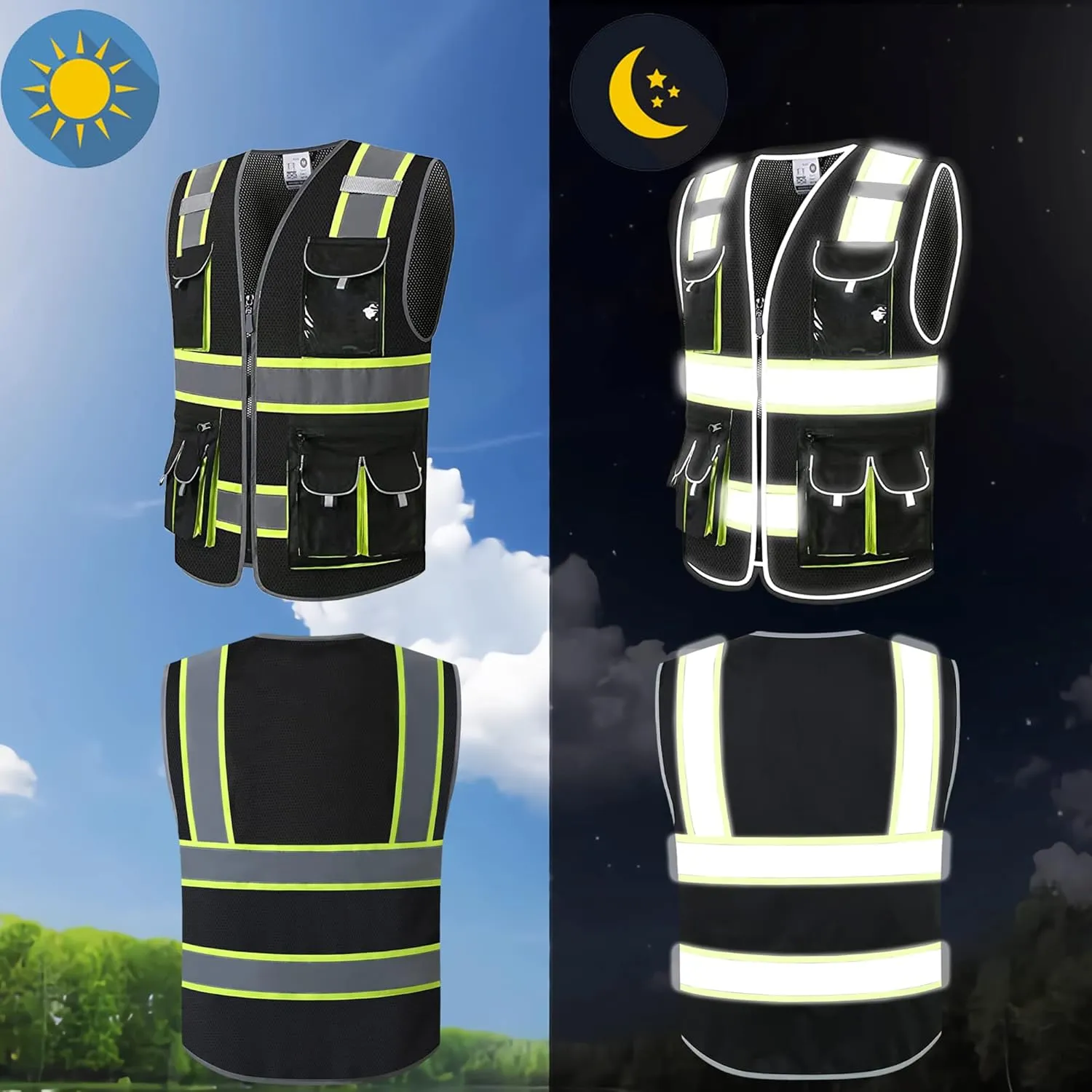 Reflective Mesh Safety Vests for Men Women with 10 Pockets and Zipper Front High Visibility Vest Reflective Safety Work Vest,Meets ANSI/ISEA Standards(EKG-Black-XL)