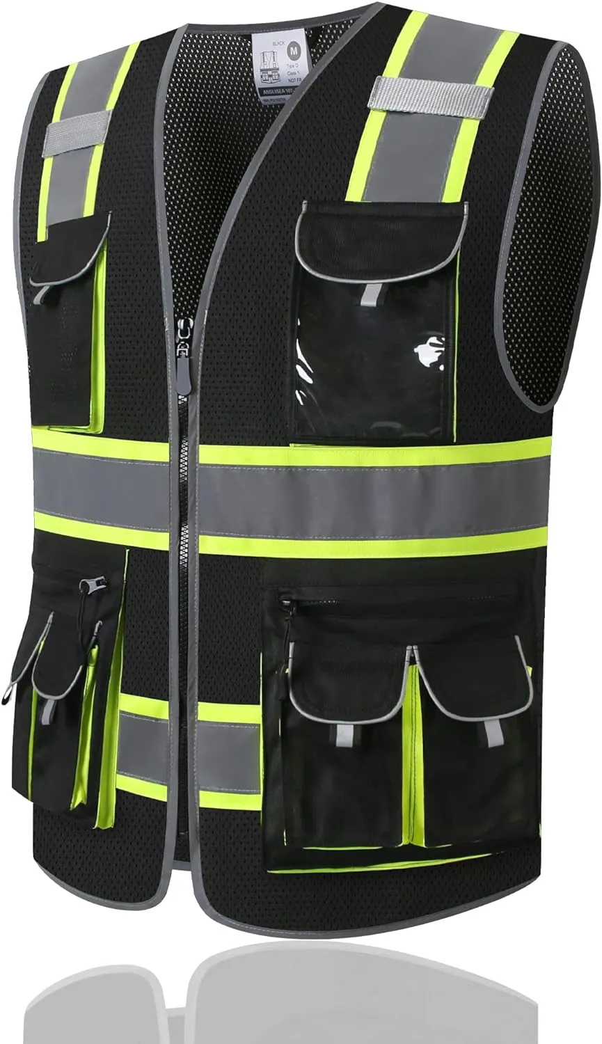 Reflective Mesh Safety Vests for Men Women with 10 Pockets and Zipper Front High Visibility Vest Reflective Safety Work Vest,Meets ANSI/ISEA Standards(EKG-Black-XL)