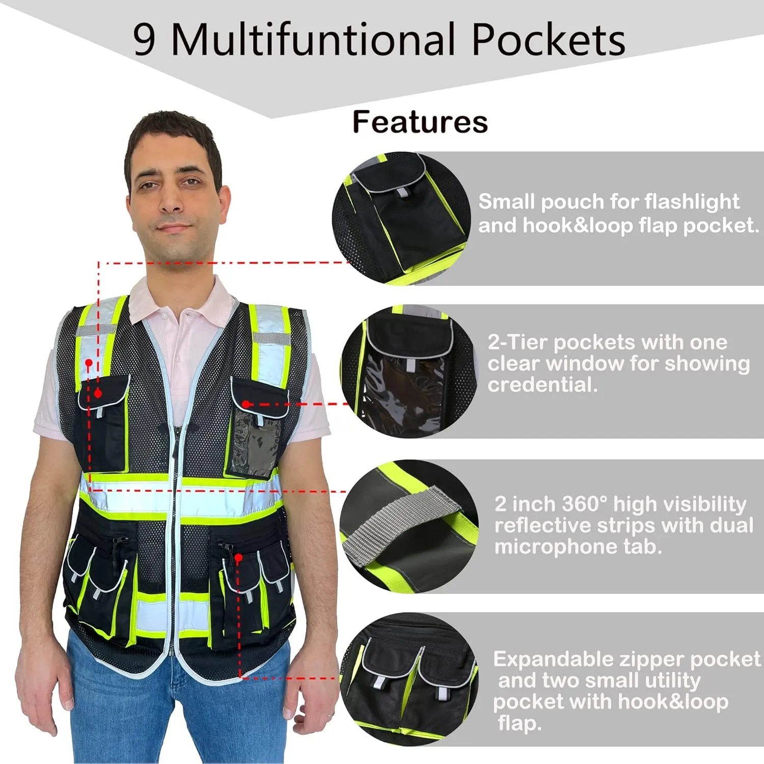 Reflective Mesh Safety Vests for Men Women with 10 Pockets and Zipper Front High Visibility Vest Reflective Safety Work Vest,Meets ANSI/ISEA Standards(EKG-Black-XL)