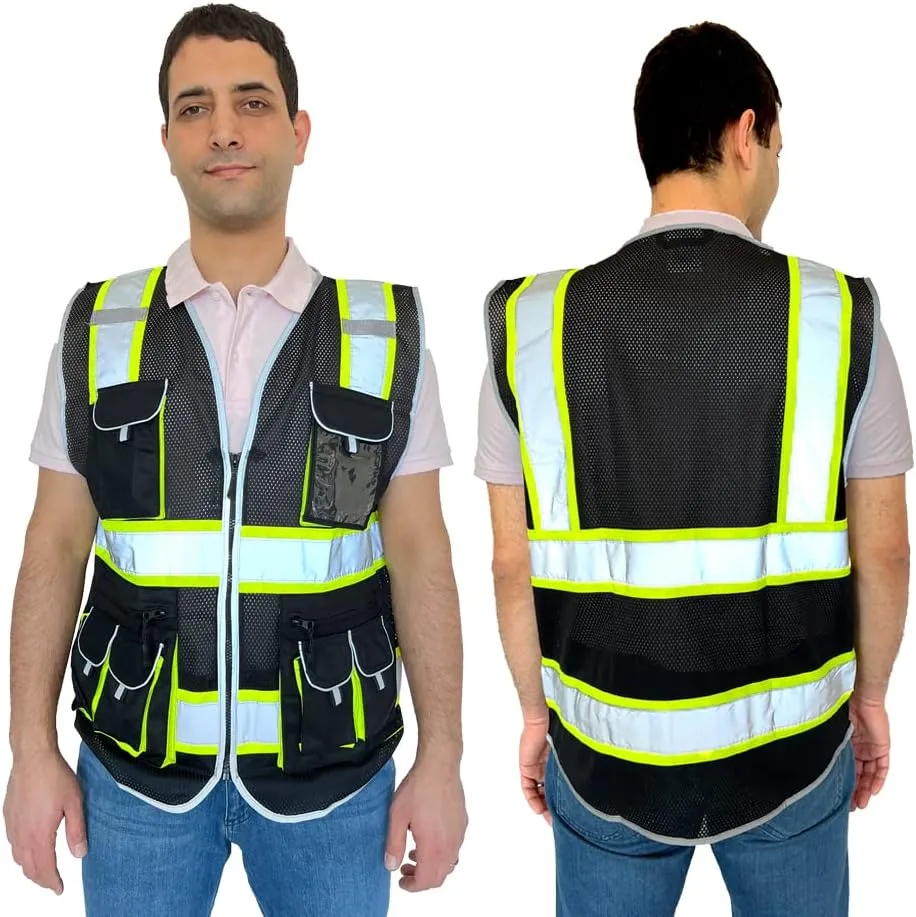 Reflective Mesh Safety Vests for Men Women with 10 Pockets and Zipper Front High Visibility Vest Reflective Safety Work Vest,Meets ANSI/ISEA Standards(EKG-Black-XL)