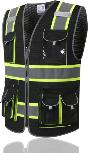 Reflective Mesh Safety Vests for Men Women with 10 Pockets and Zipper Front High Visibility Vest Reflective Safety Work Vest,Meets ANSI/ISEA Standards(EKG-Black-XL)