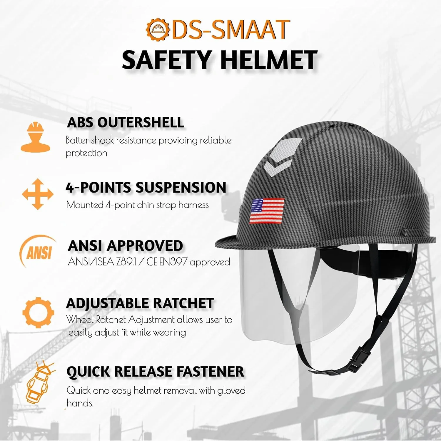 Reflective Safety Hard Hat with Visor,Vented Protection Construction Hard Hat,ANSI Z89.1& OSHA Approved Safety Helmet