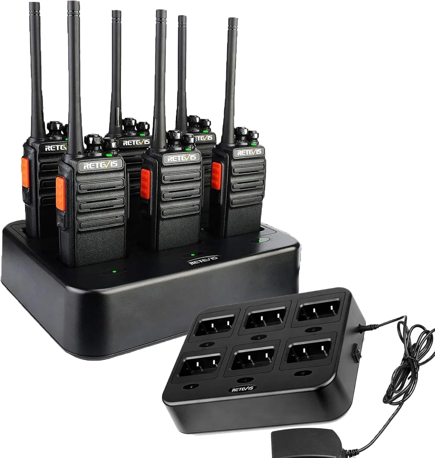 Retevis H-777S Walkie Talkies(6 Pack) Bundle with Six Way Charger(2 Pack),Heavy Duty Portable FRS Two-Way Radios Long Range, Hands Free,Safe Call,Rugged Commercial 2 Way Radios with Gang Charger