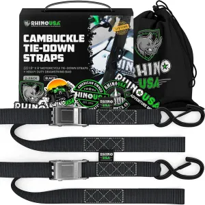 Rhino USA Motorcycle Tie Down Straps (2 Pack) Lab Inspected 3,328lb Break Strength, Steel Cambuckle Tiedown Set with Integrated Soft Loops - Better Than a Ratchet Strap (Black 2-Pack)