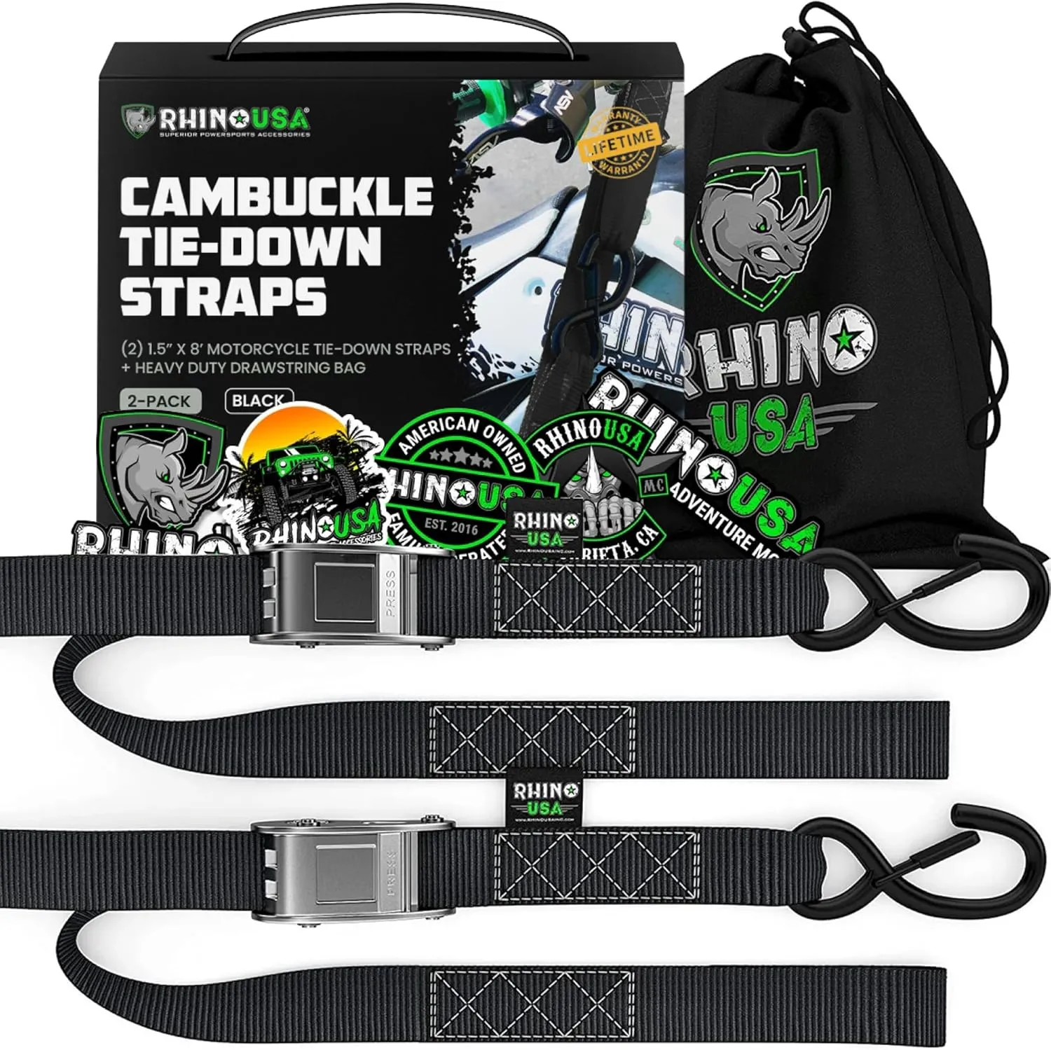 Rhino USA Motorcycle Tie Down Straps (2 Pack) Lab Inspected 3,328lb Break Strength, Steel Cambuckle Tiedown Set with Integrated Soft Loops - Better Than a Ratchet Strap (Black 2-Pack)