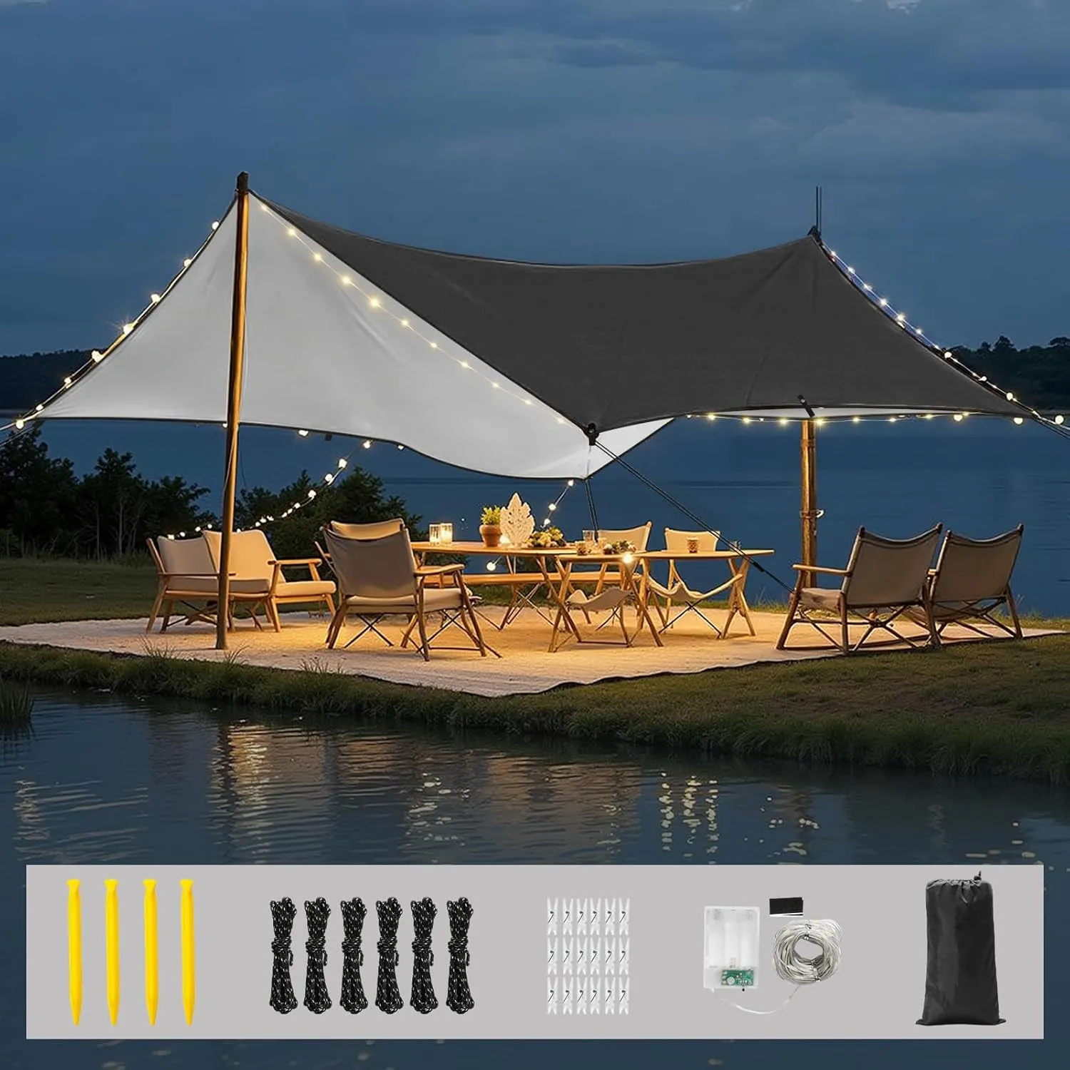 Rhino Valley Waterproof Tent Tarp, 9.8 × 9.8 Ft Large Outdoor Shelter Cover with Light Strings, Lightweight Portable Tarp Shelter Rain Tarp Camping Canopy for Hiking Traveling Backpacking