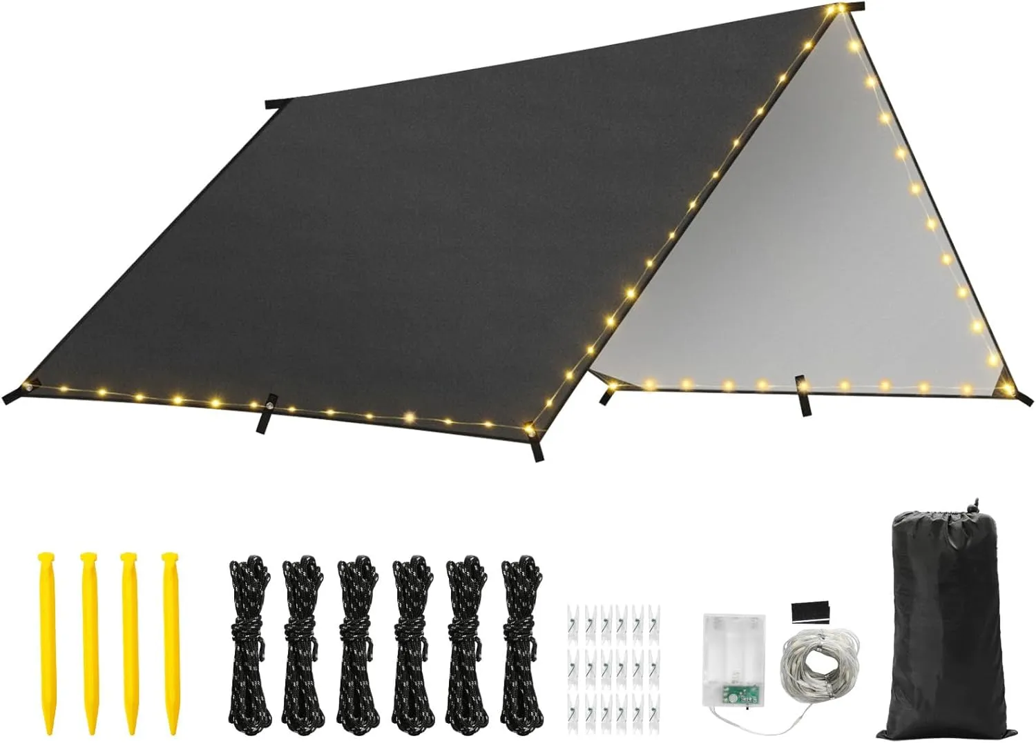 Rhino Valley Waterproof Tent Tarp, 9.8 × 9.8 Ft Large Outdoor Shelter Cover with Light Strings, Lightweight Portable Tarp Shelter Rain Tarp Camping Canopy for Hiking Traveling Backpacking