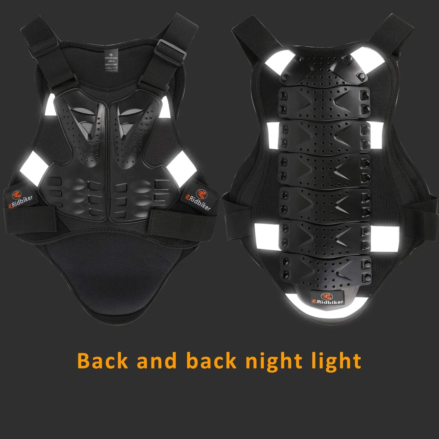 RIDBIKER Chest Protector Motorcycle, Dirt Bike Gear Body Armor Vest Spine Back Protector for Motocross Off-Road (Reflective at Night) (Black, XL)