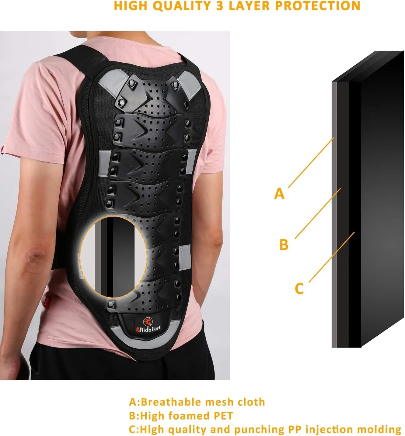 RIDBIKER Chest Protector Motorcycle, Dirt Bike Gear Body Armor Vest Spine Back Protector for Motocross Off-Road (Reflective at Night) (Black, XL)