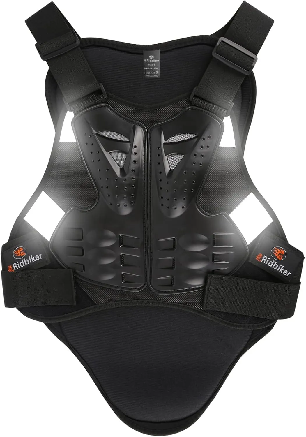 RIDBIKER Chest Protector Motorcycle, Dirt Bike Gear Body Armor Vest Spine Back Protector for Motocross Off-Road (Reflective at Night) (Black, XL)