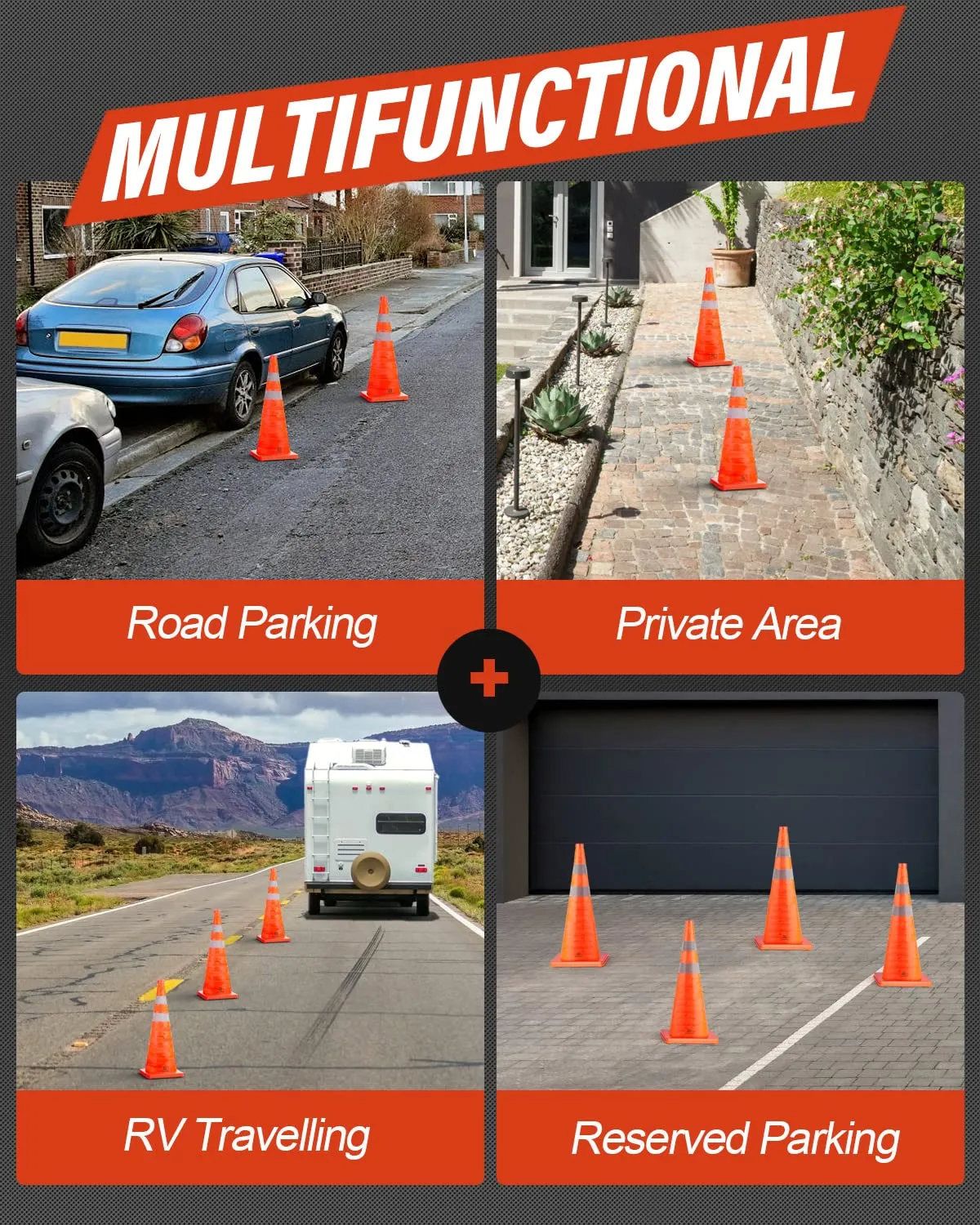 RoadHero 18 Inch 20 Pack Collapsible Traffic Safety Cones, Multi Purpose Pop-up Cones with Reflective Collar for Road Safety, Orange Cones for Driving Training, Parking Lots