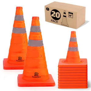 RoadHero 18 Inch 20 Pack Collapsible Traffic Safety Cones, Multi Purpose Pop-up Cones with Reflective Collar for Road Safety, Orange Cones for Driving Training, Parking Lots