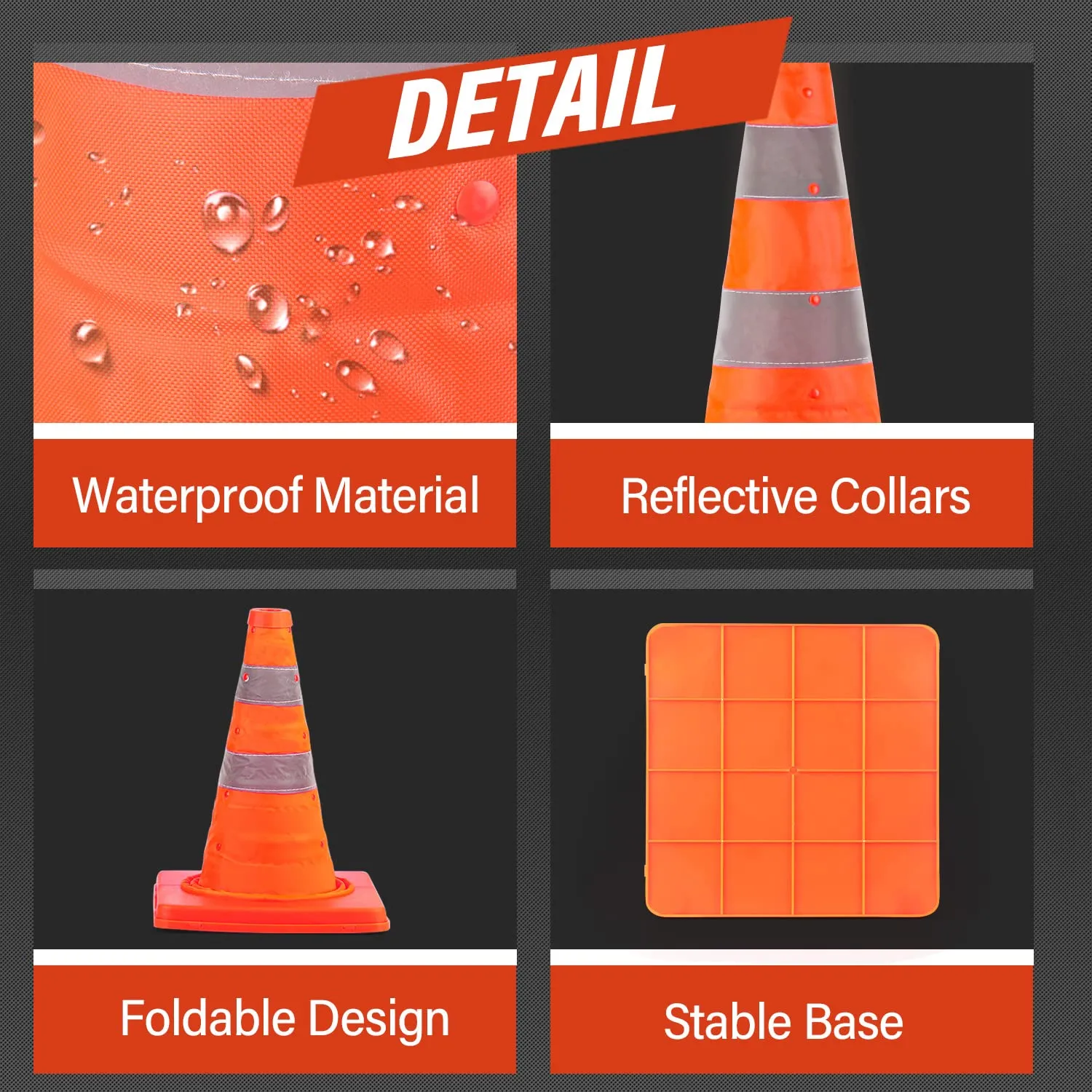 RoadHero 18 Inch 20 Pack Collapsible Traffic Safety Cones, Multi Purpose Pop-up Cones with Reflective Collar for Road Safety, Orange Cones for Driving Training, Parking Lots