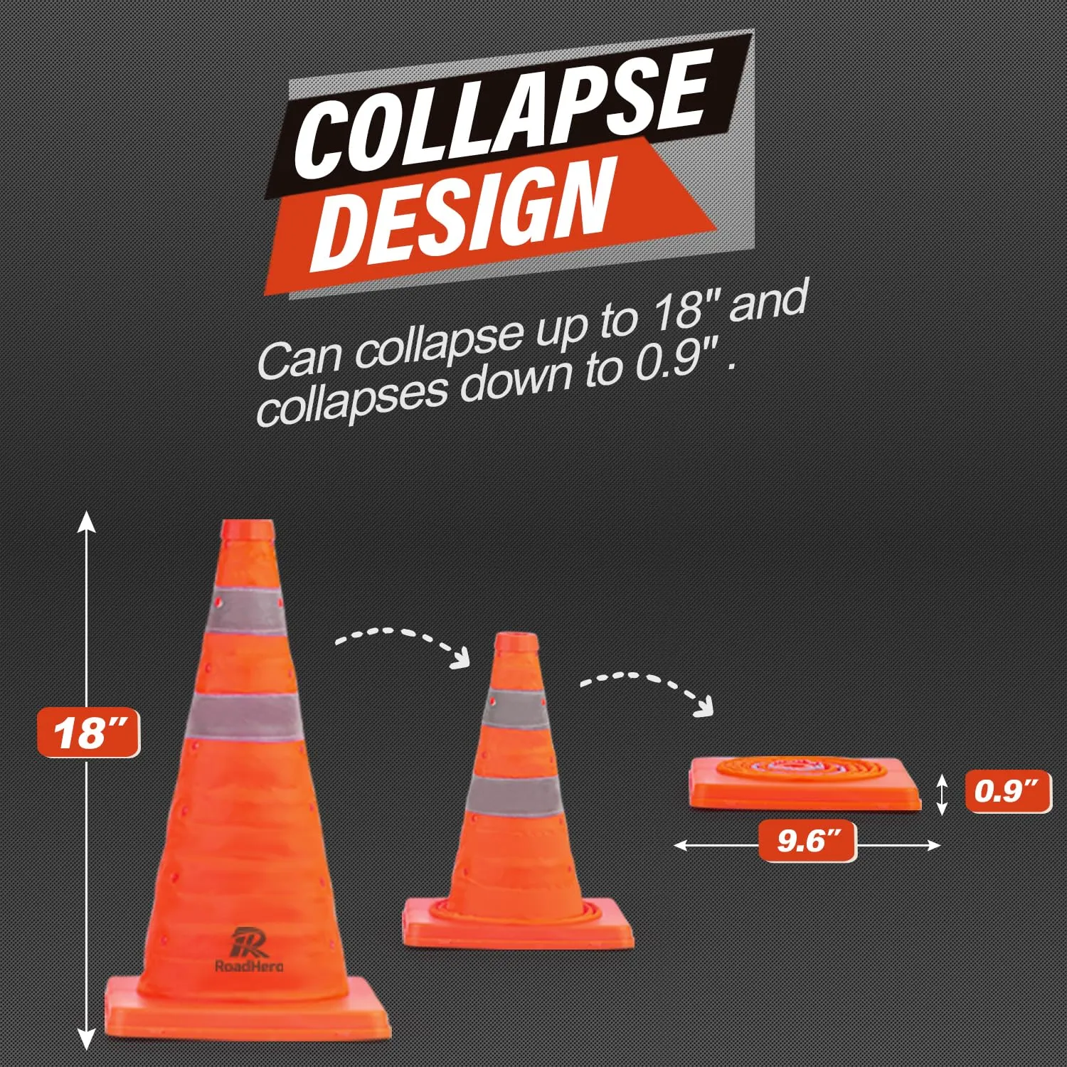RoadHero 18 Inch 20 Pack Collapsible Traffic Safety Cones, Multi Purpose Pop-up Cones with Reflective Collar for Road Safety, Orange Cones for Driving Training, Parking Lots