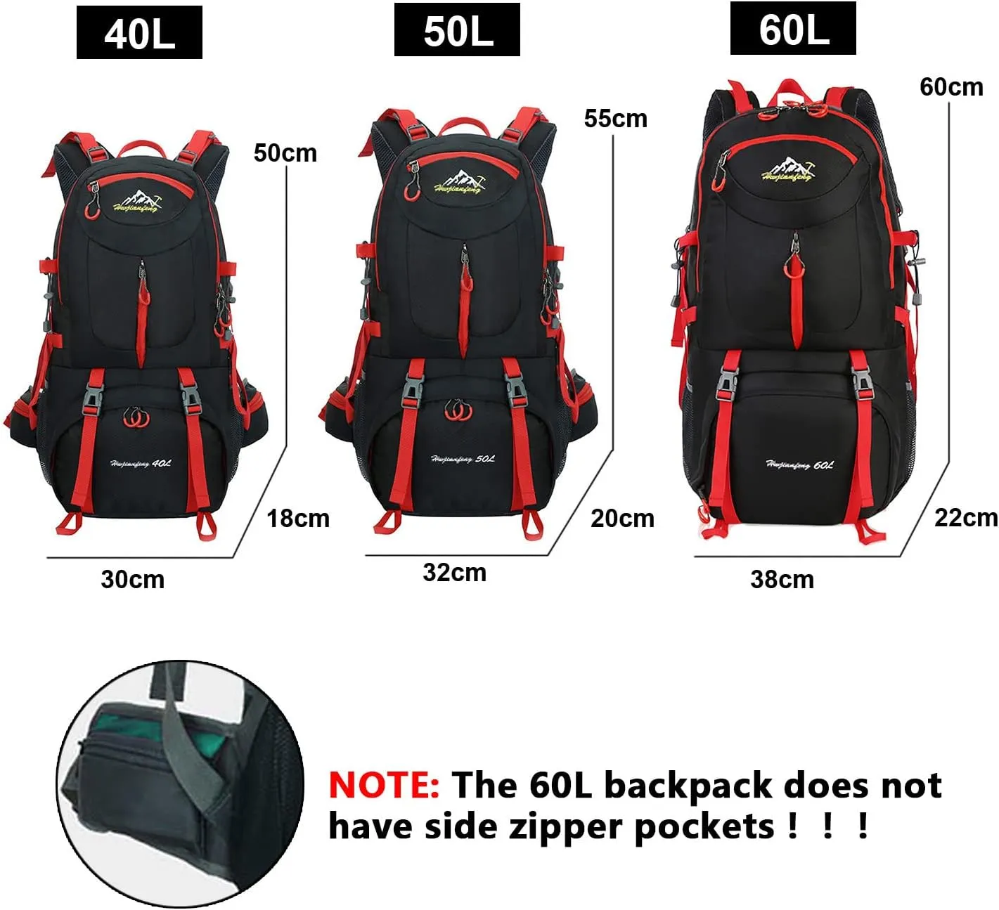 Rojeam Travel Hiking Backpack 40L/50L/60L Daypack for Sport Outdoor Cycling Trekking Climbing Camping, Black, 50L