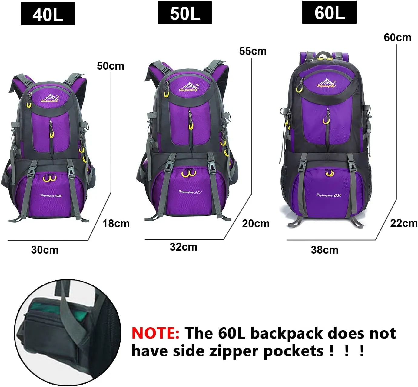 Rojeam Travel Hiking Backpack 40L/50L/60L Daypack for Sport Outdoor Cycling Trekking Climbing Camping, Purple, 50L