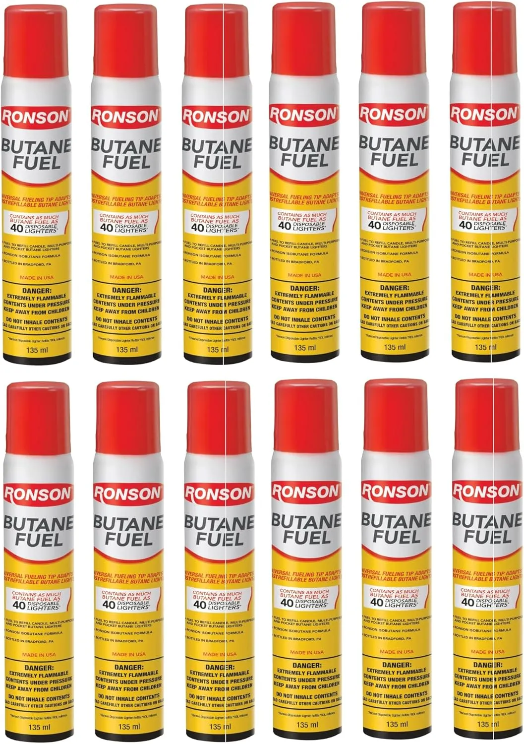 Ronson Butane Fuel 2.67oz/76g, Lighter Refill 135ml Cannister, 12 Pack
