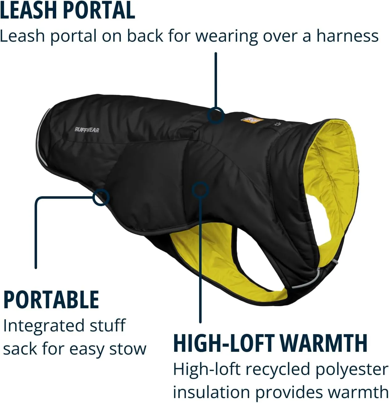 Ruffwear, Quinzee Jacket, Insulated and Water-Resistant Jacket for Dogs with Stuff Sack, Obsidian Black, Small